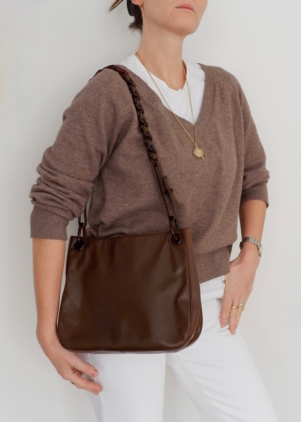 Authentic Preowned Prada Brown Leather Tortoise Chain Shoulder Bag