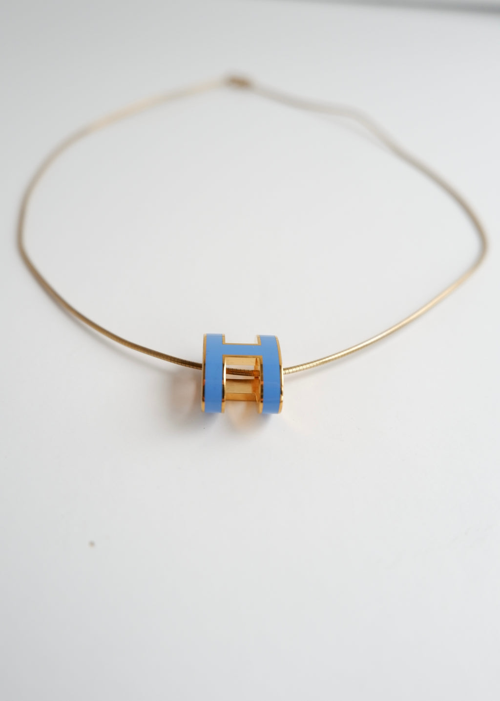 Authentic Preowned Hermes Yellow Gold/ Blue Laquered H Pendant Necklace