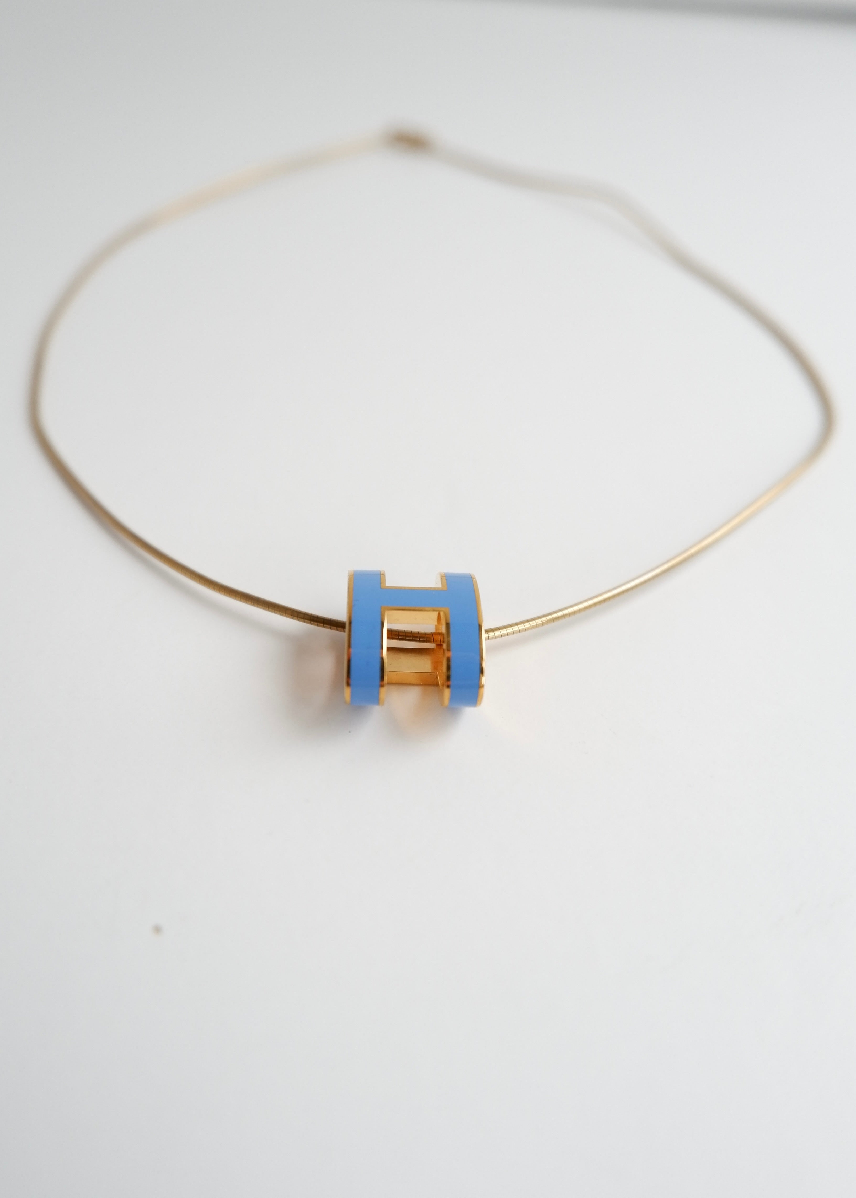 Authentic Preowned Hermes Yellow Gold/ Blue Laquered H Pendant Necklace