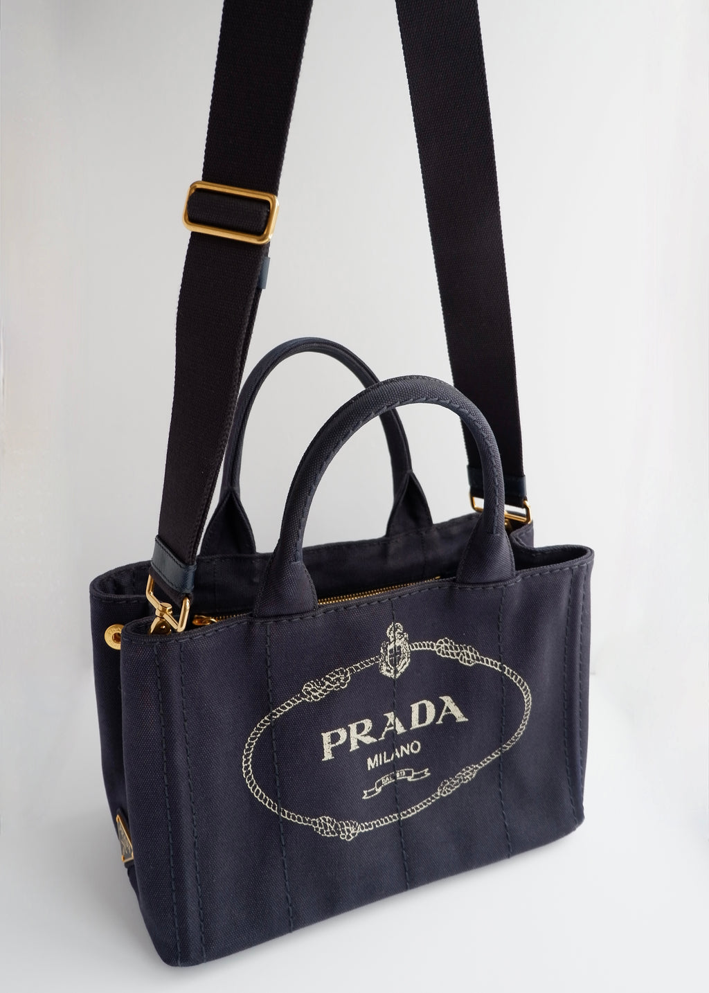 Authentic Preowned Prada Navy Canvas Canapa Two Way Bag