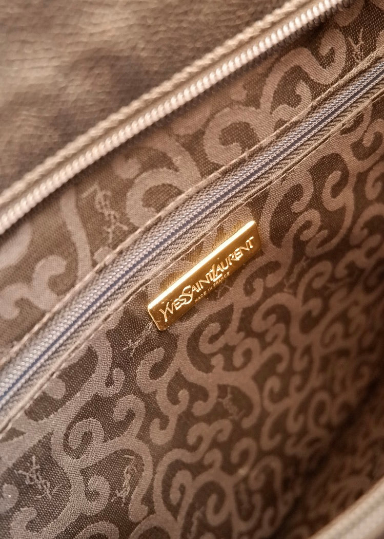 Preowned Vintage YSL Black Leather Embossed Printed Tote Bag