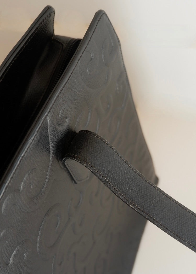 Preowned Vintage YSL Black Leather Embossed Printed Tote Bag