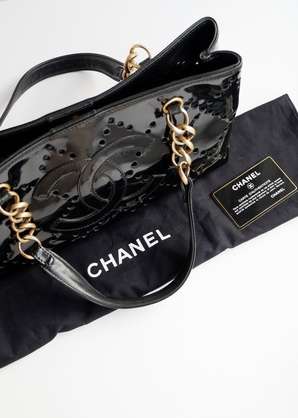 Authentic Preowned Chanel Black Patent Perforated Leather CC Logo Shoulder Bag