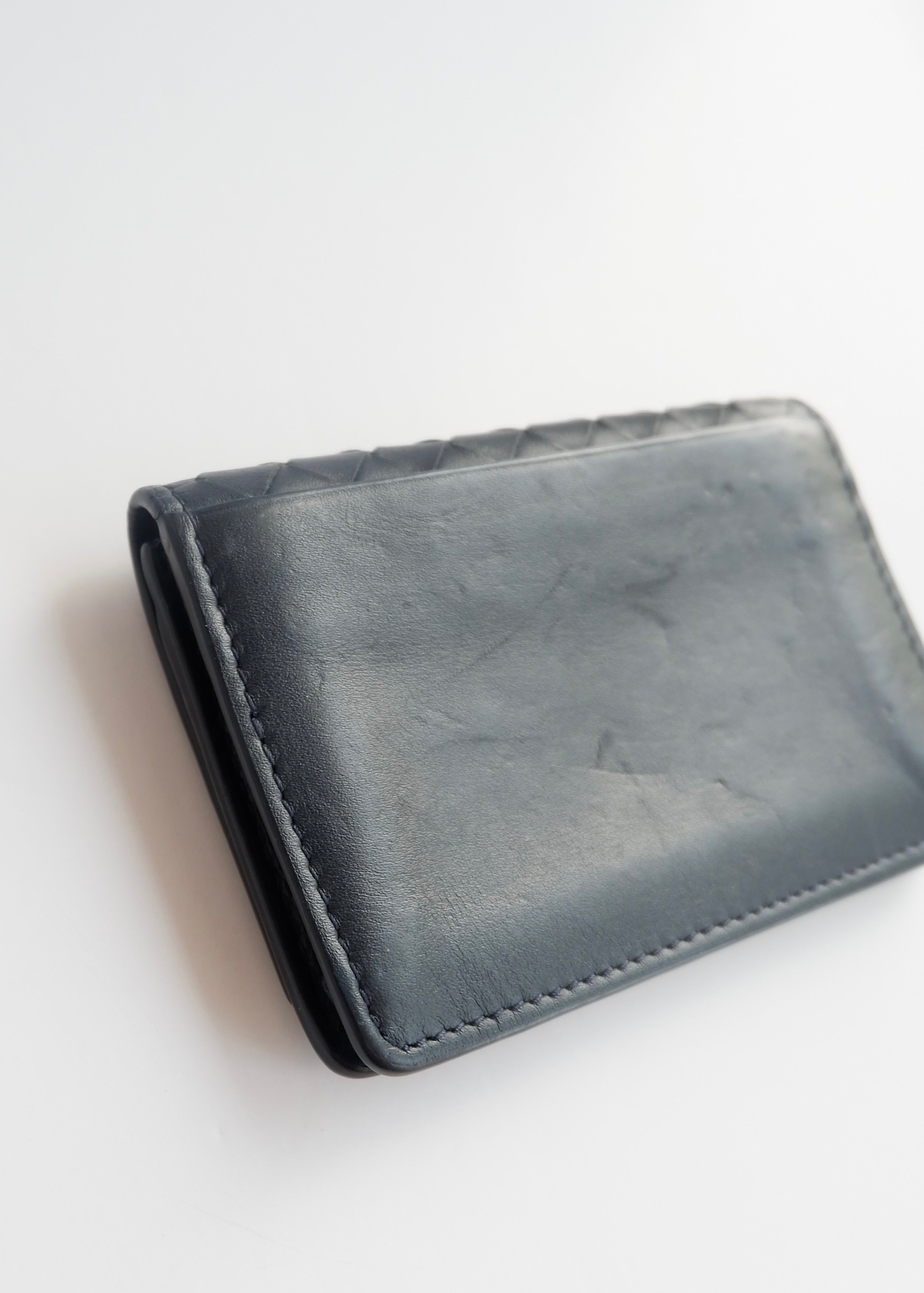Preowned Bottega Veneta Navy Woven Leather Card Holder