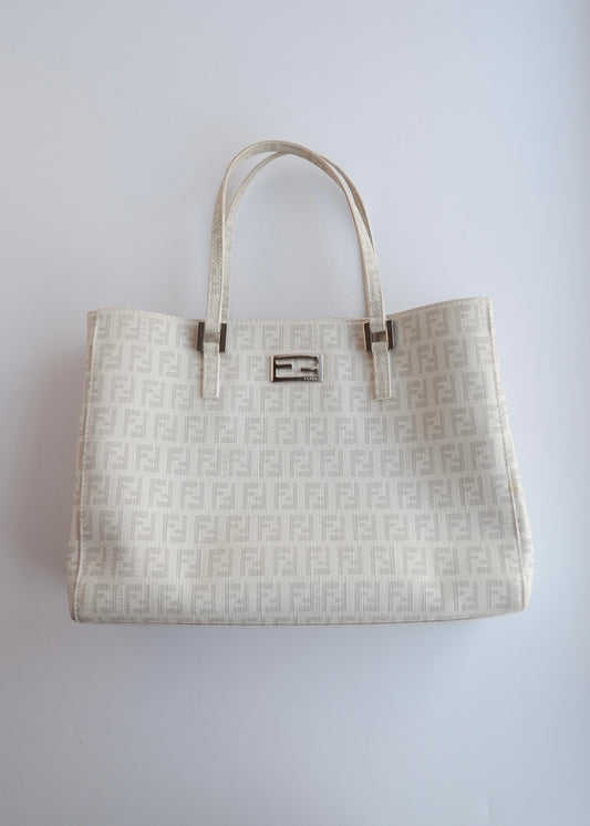 Authentic Preowned Fendi White Zucchino Handbag
