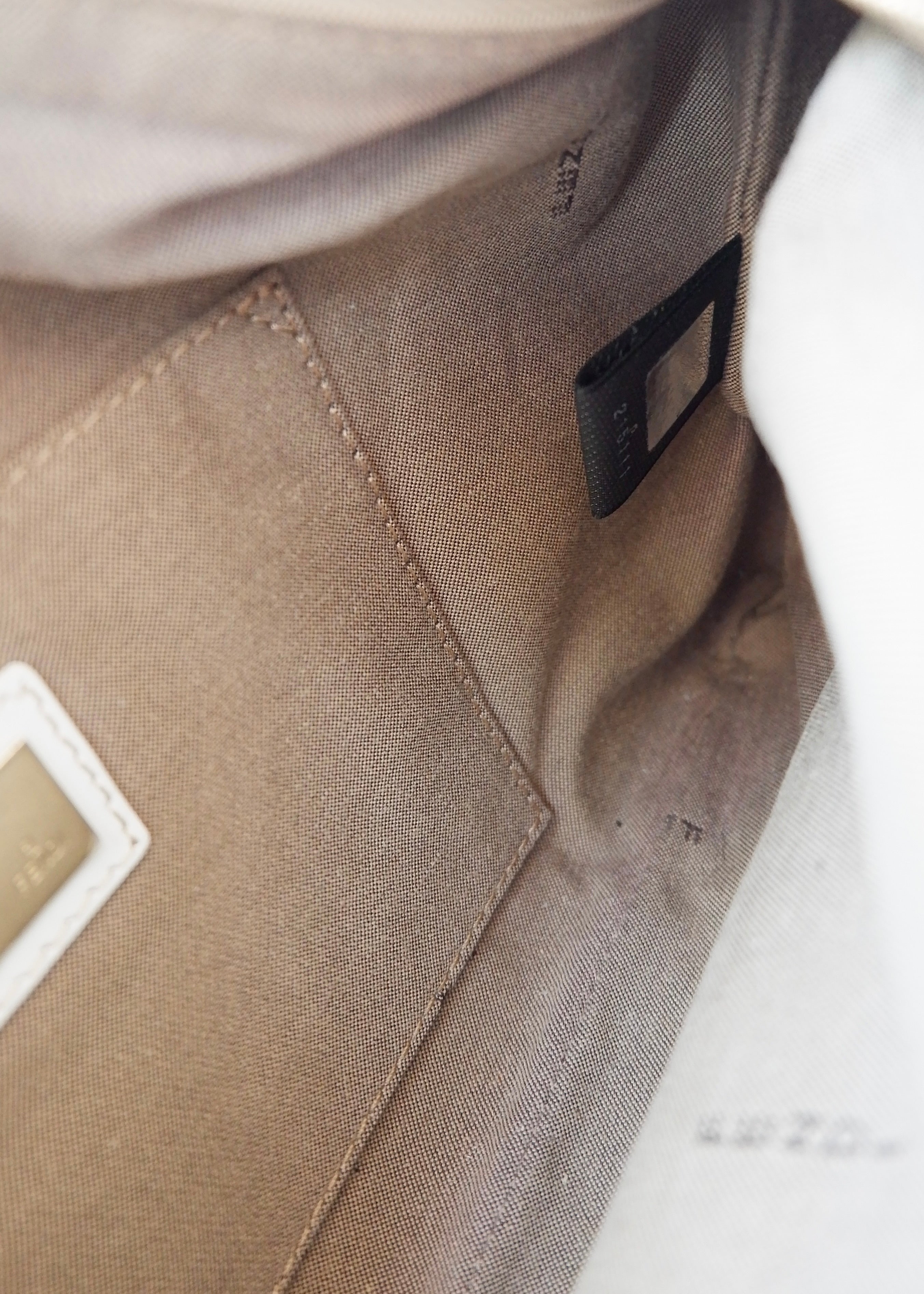 Preowned Vintage Fendi White Leather Beige Canvas Zucchino Shoulder Bag