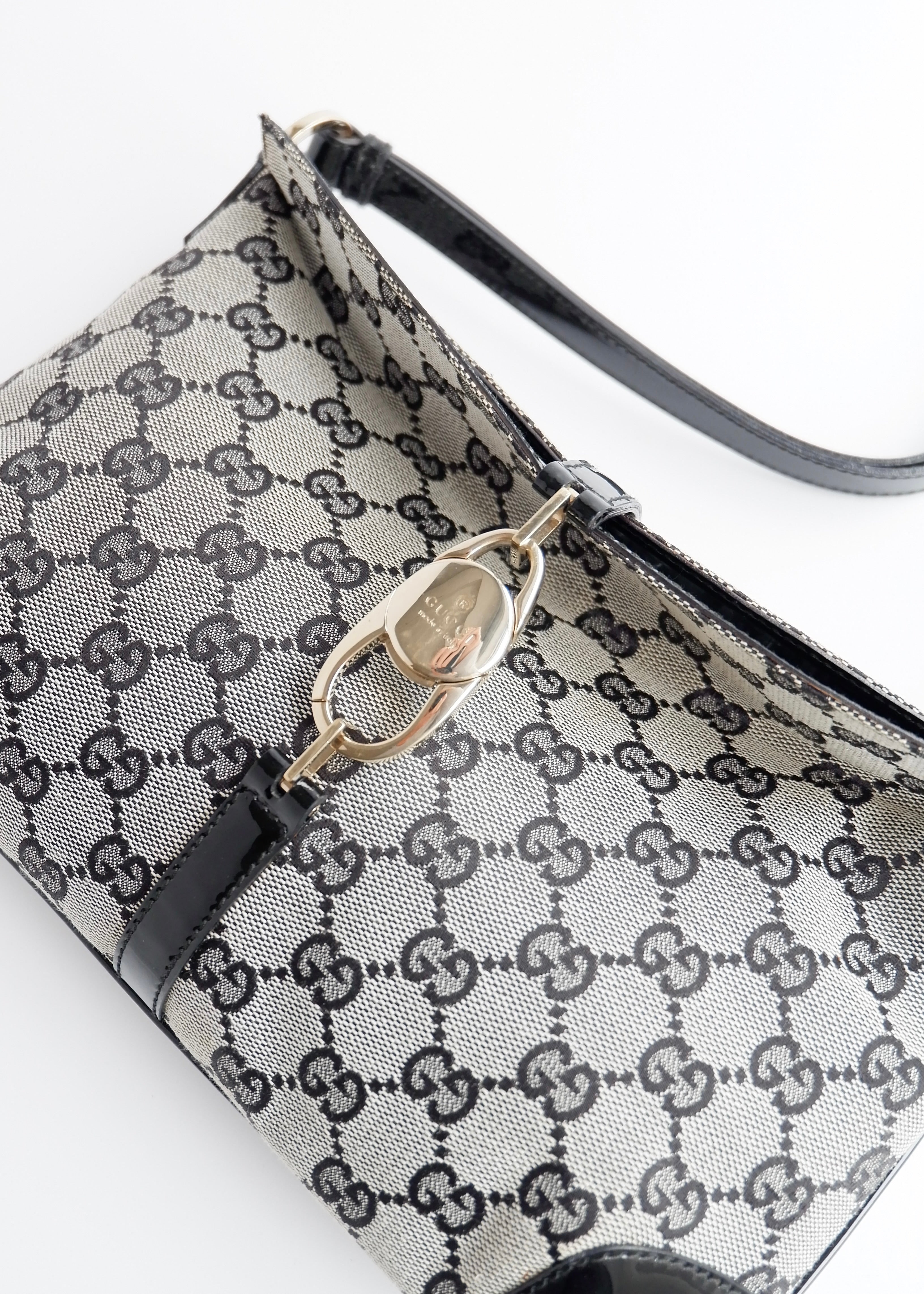Authentic Preowned Gucci Black GG Canvas/ Patent Leather Shoulder Bag