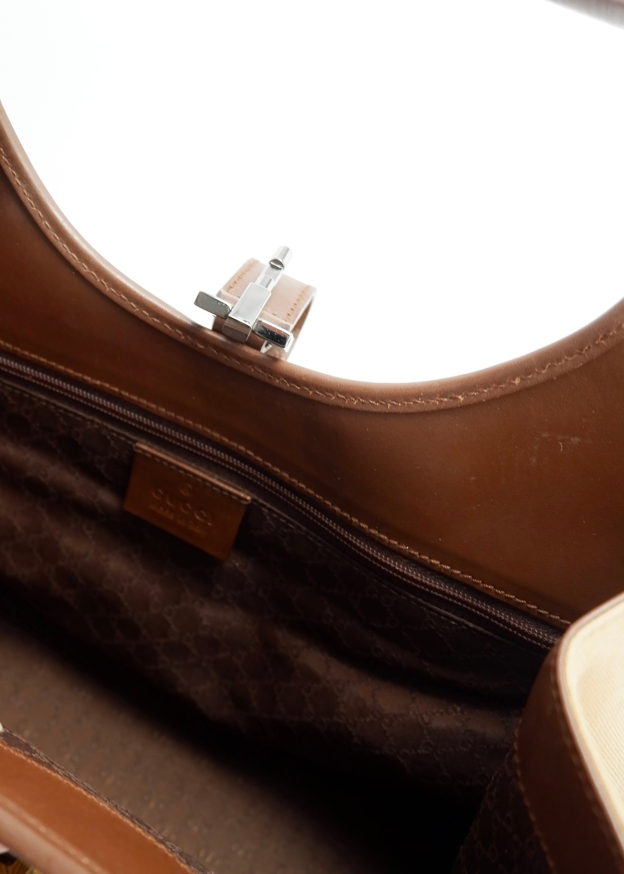 Sac Jackie Gucci authentique d'occasion en toile/cuir beige Ligne Sherry