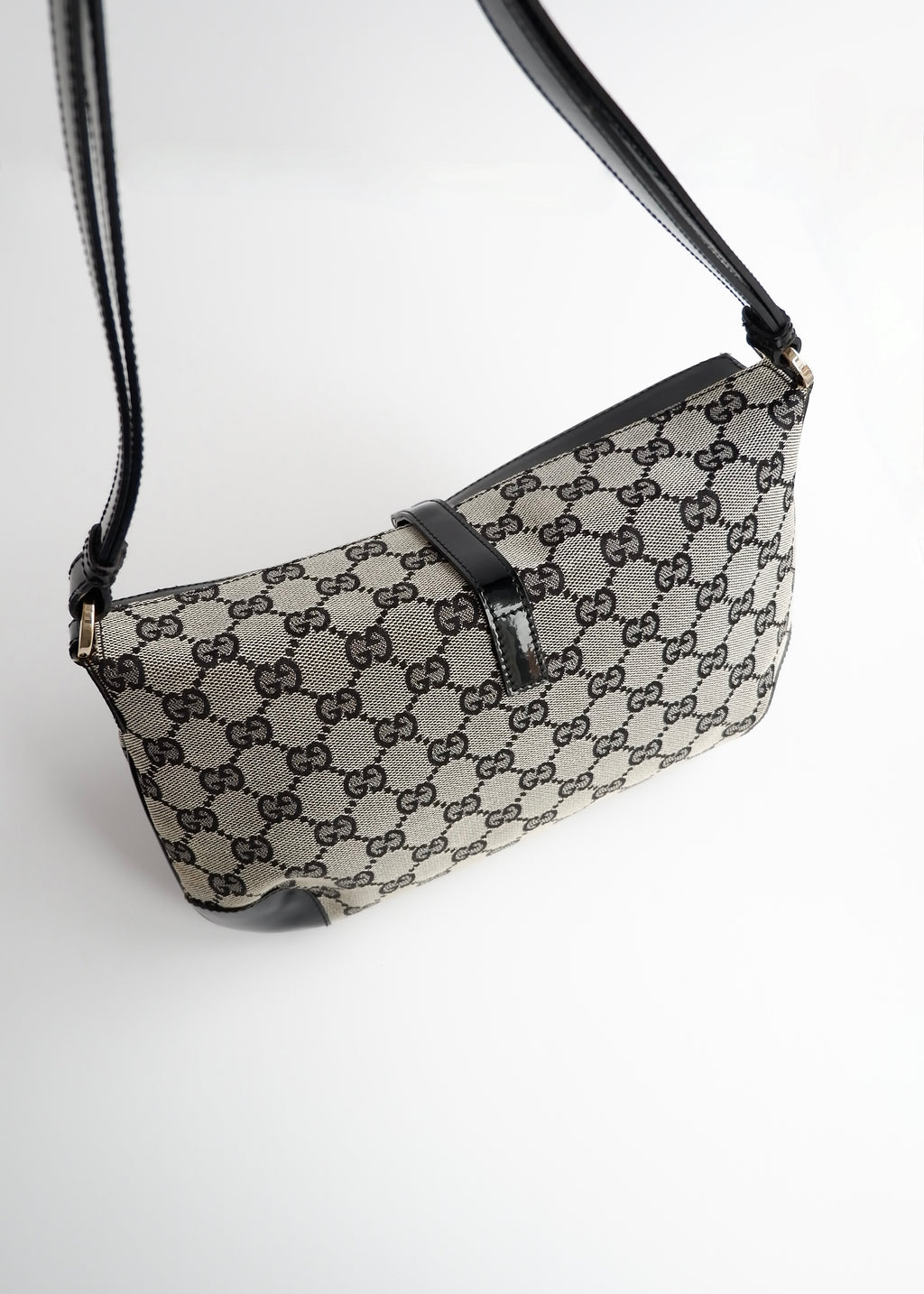 Authentic Preowned Gucci Black GG Canvas/ Patent Leather Shoulder Bag