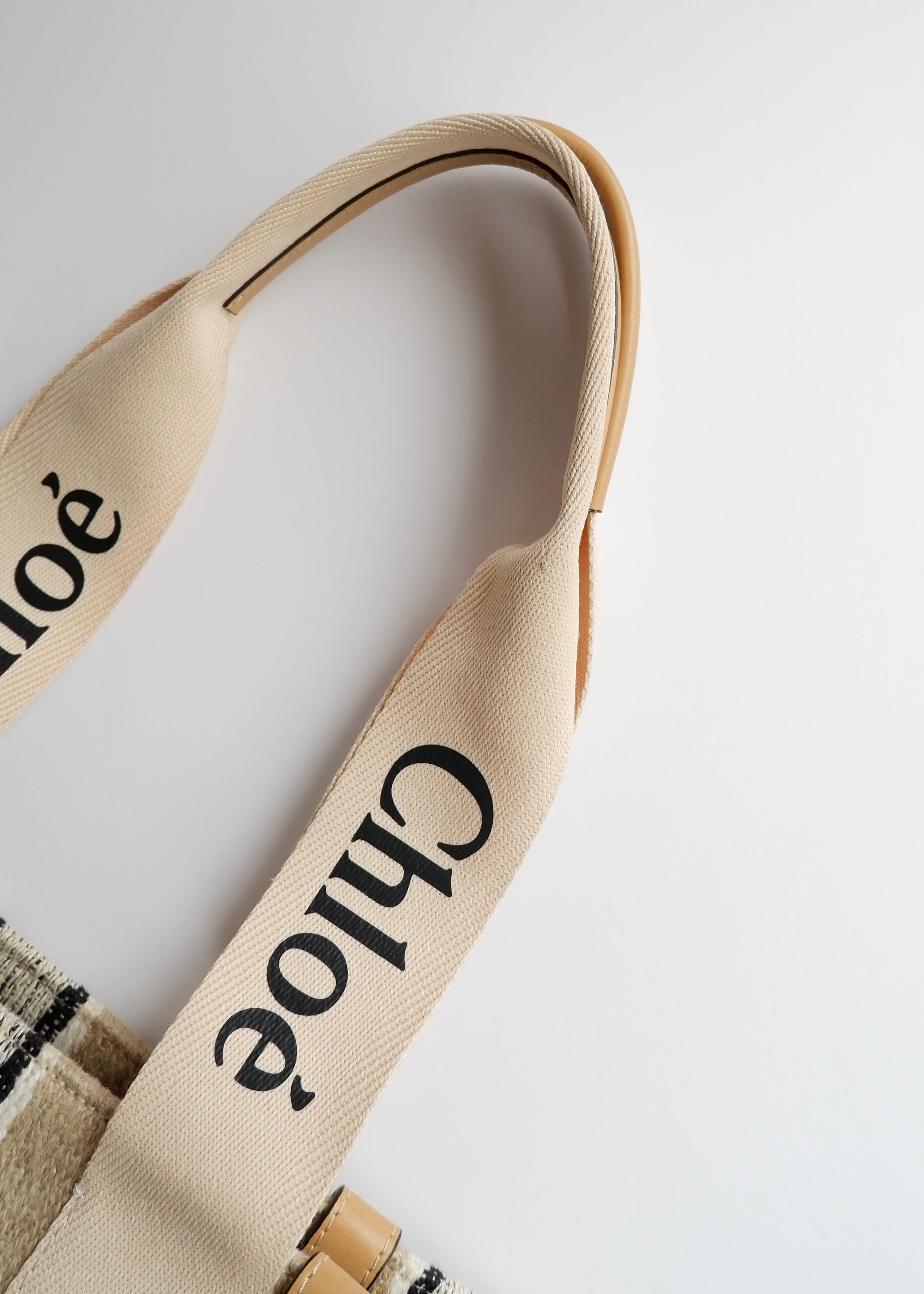 Authentic Preowned Chloe Beige/Black Striped Canvas Medium Woody Tote Bag