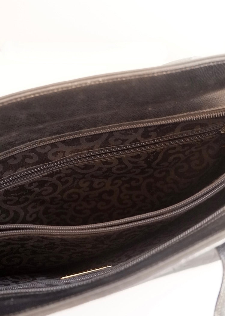 Preowned Vintage YSL Black Leather Embossed Printed Tote Bag