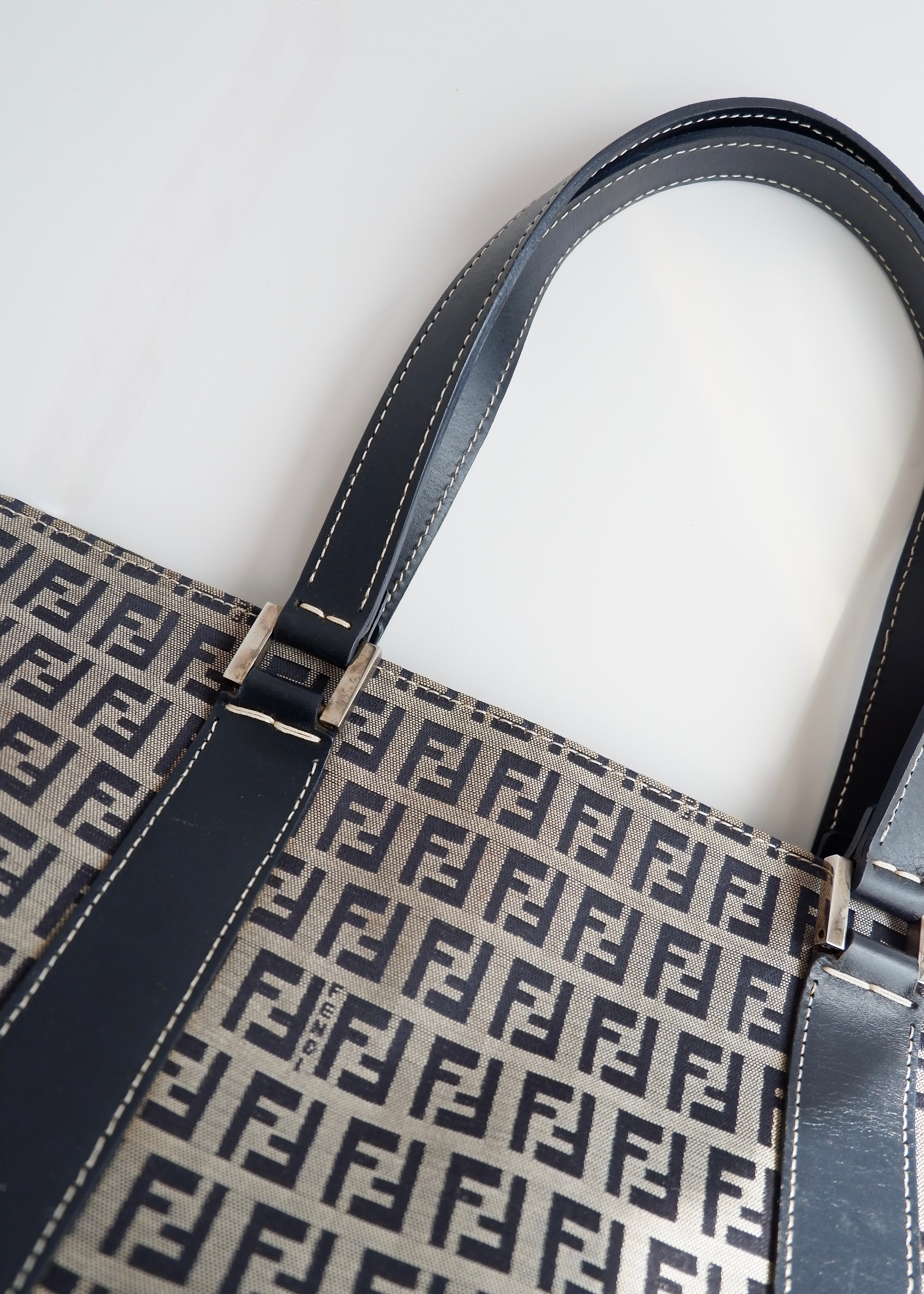 Authentic Preowned Vintage Fendi Navy Zucchino East West Shoulder Bag