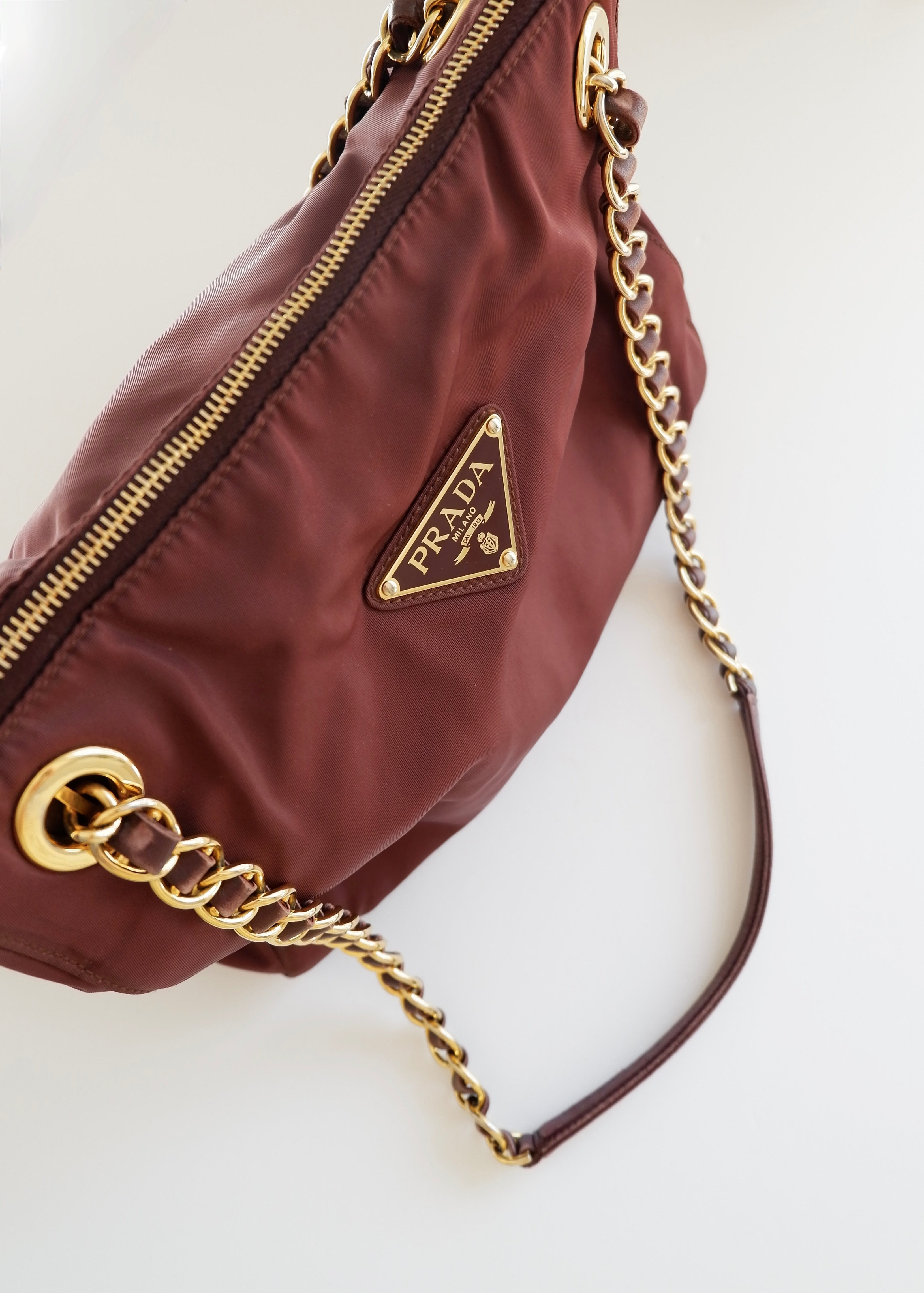 Preowned Prada Burgundy Nylon Chain Shoulder Tote
