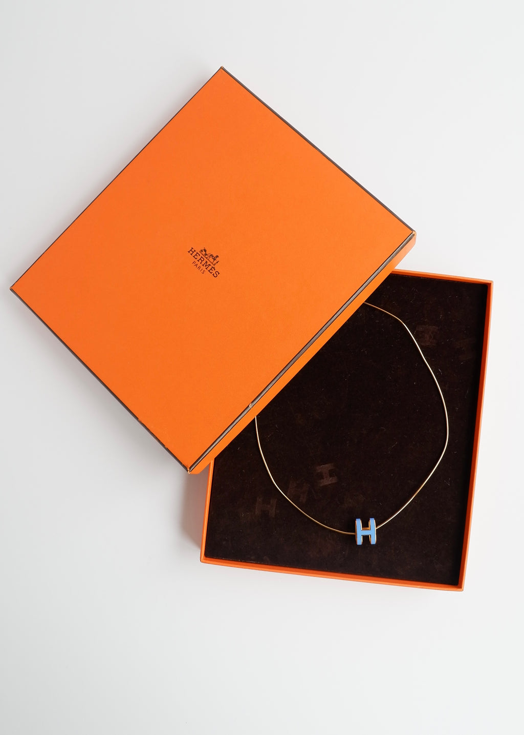 Authentic Preowned Hermes Yellow Gold/ Blue Laquered H Pendant Necklace