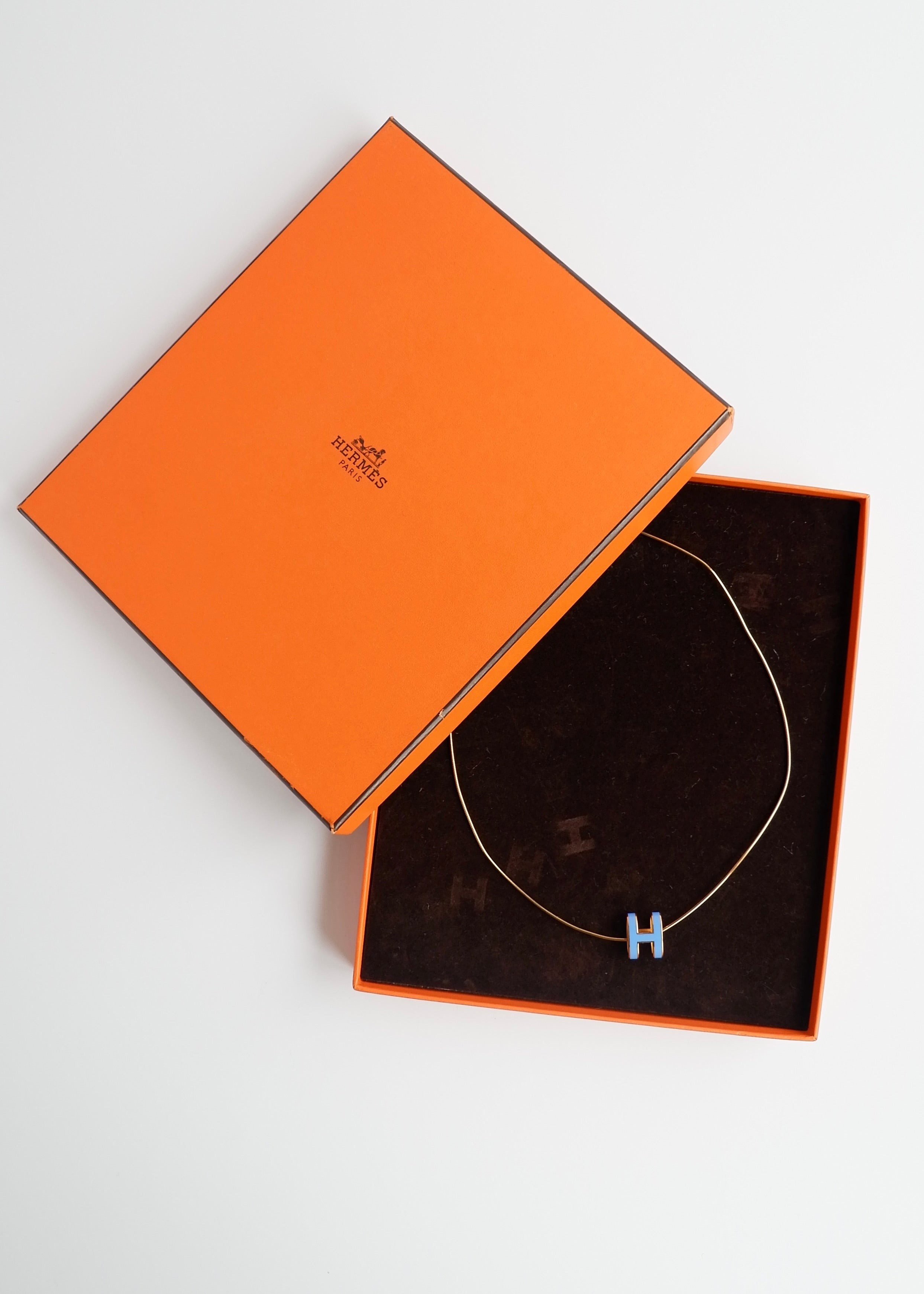 Authentic Preowned Hermes Yellow Gold/ Blue Laquered H Pendant Necklace