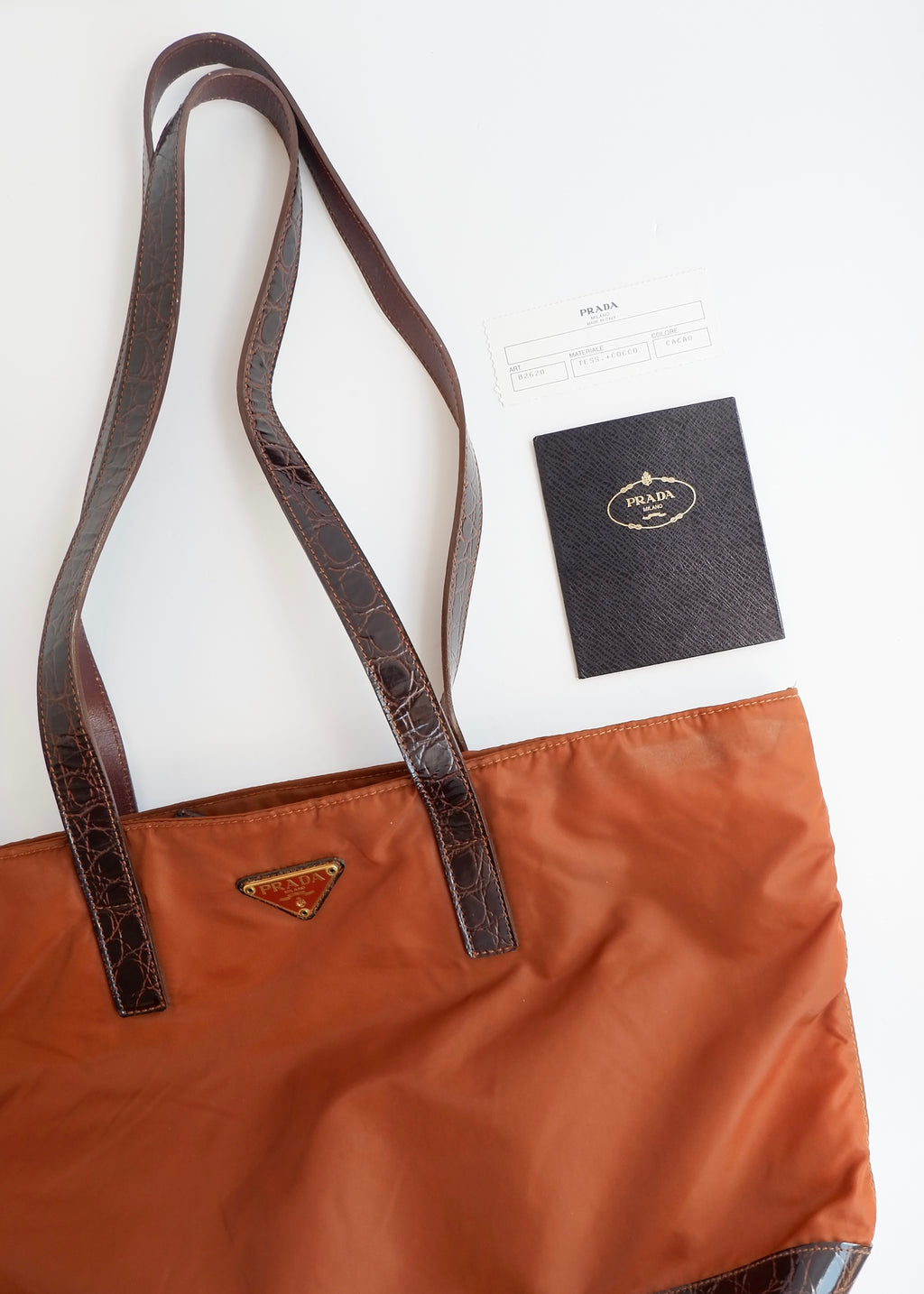 Preowned Prada Brown Nylon/ Patent Croc Long Strap Tote Bag