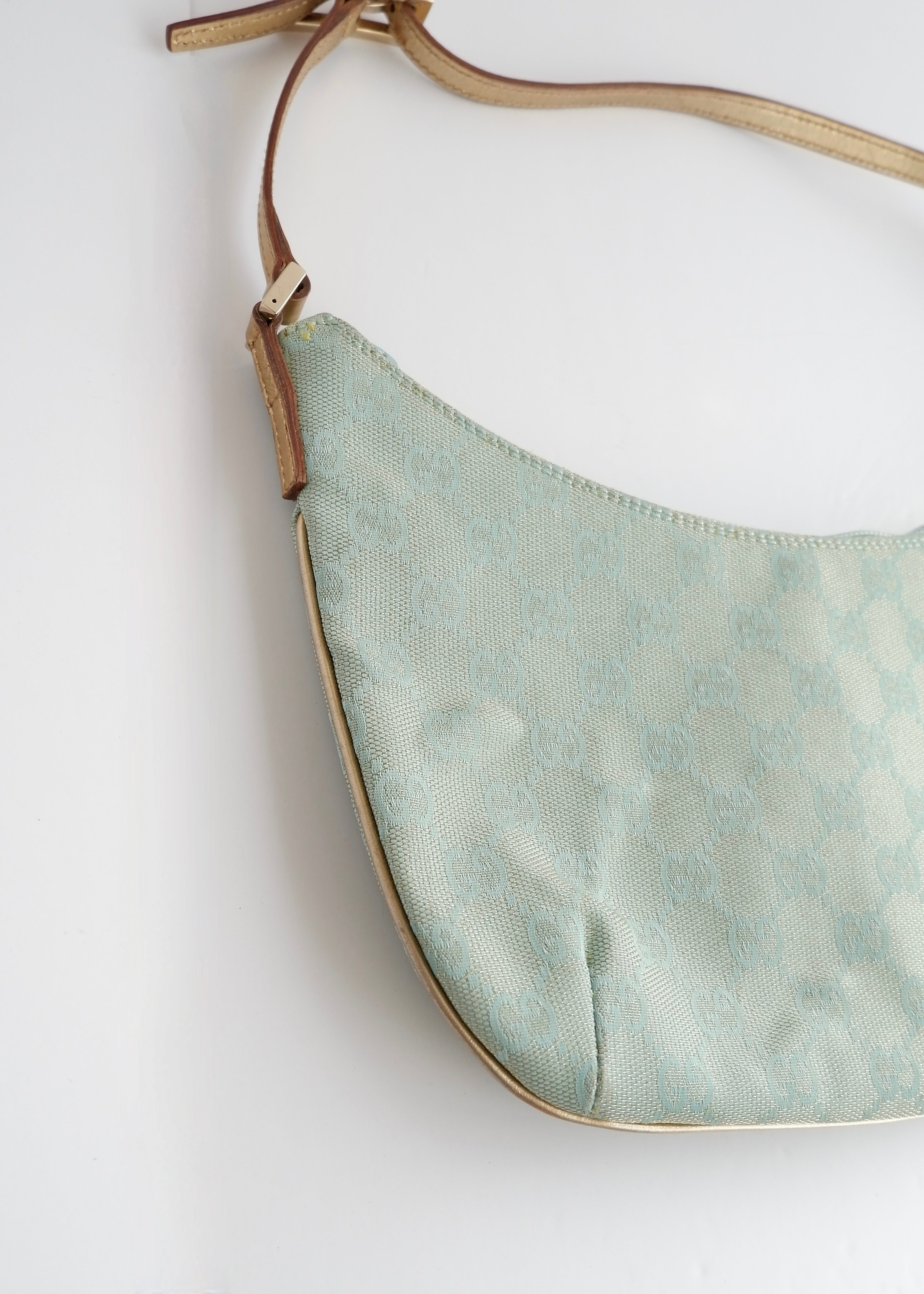 Authentic Preowned Gucci Blue GG Canvas Gold Strap Half Moon Shoulder Bag