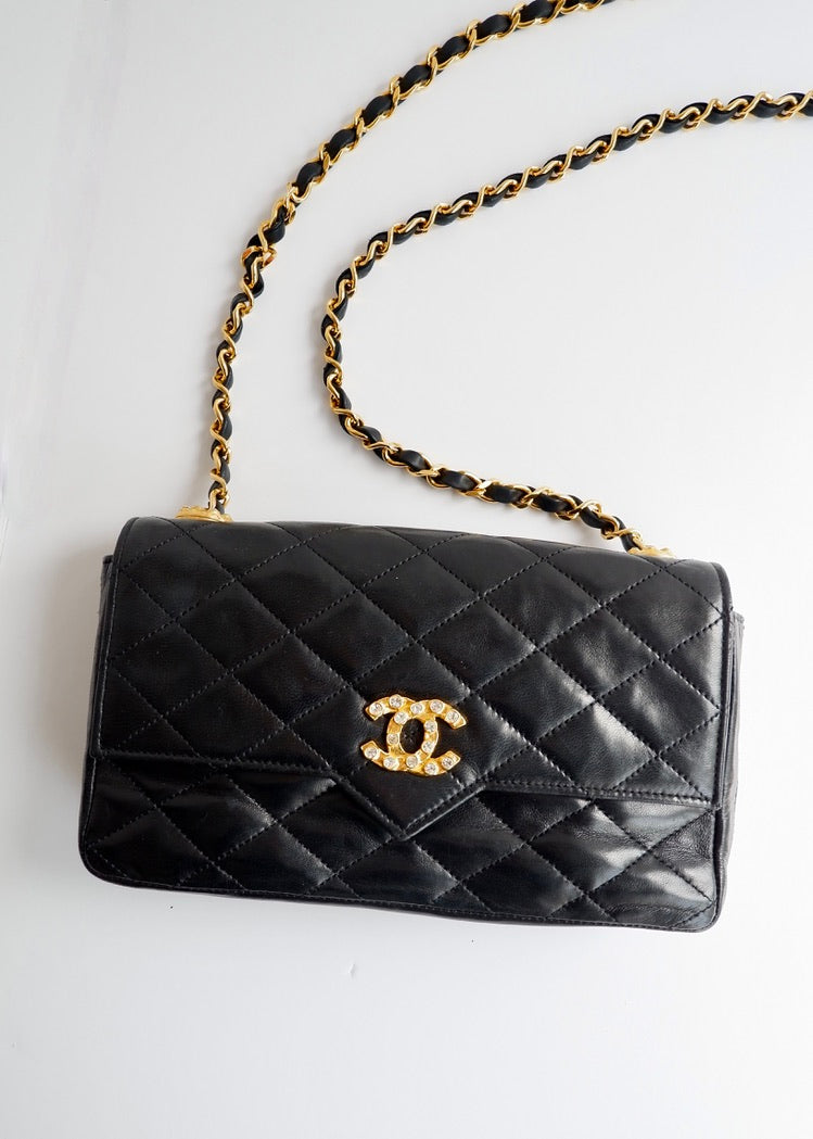 Authentic Preowned Vintage Chanel Black Lambskin Quilted Single Flap Crystal CC Logo Bag GHW