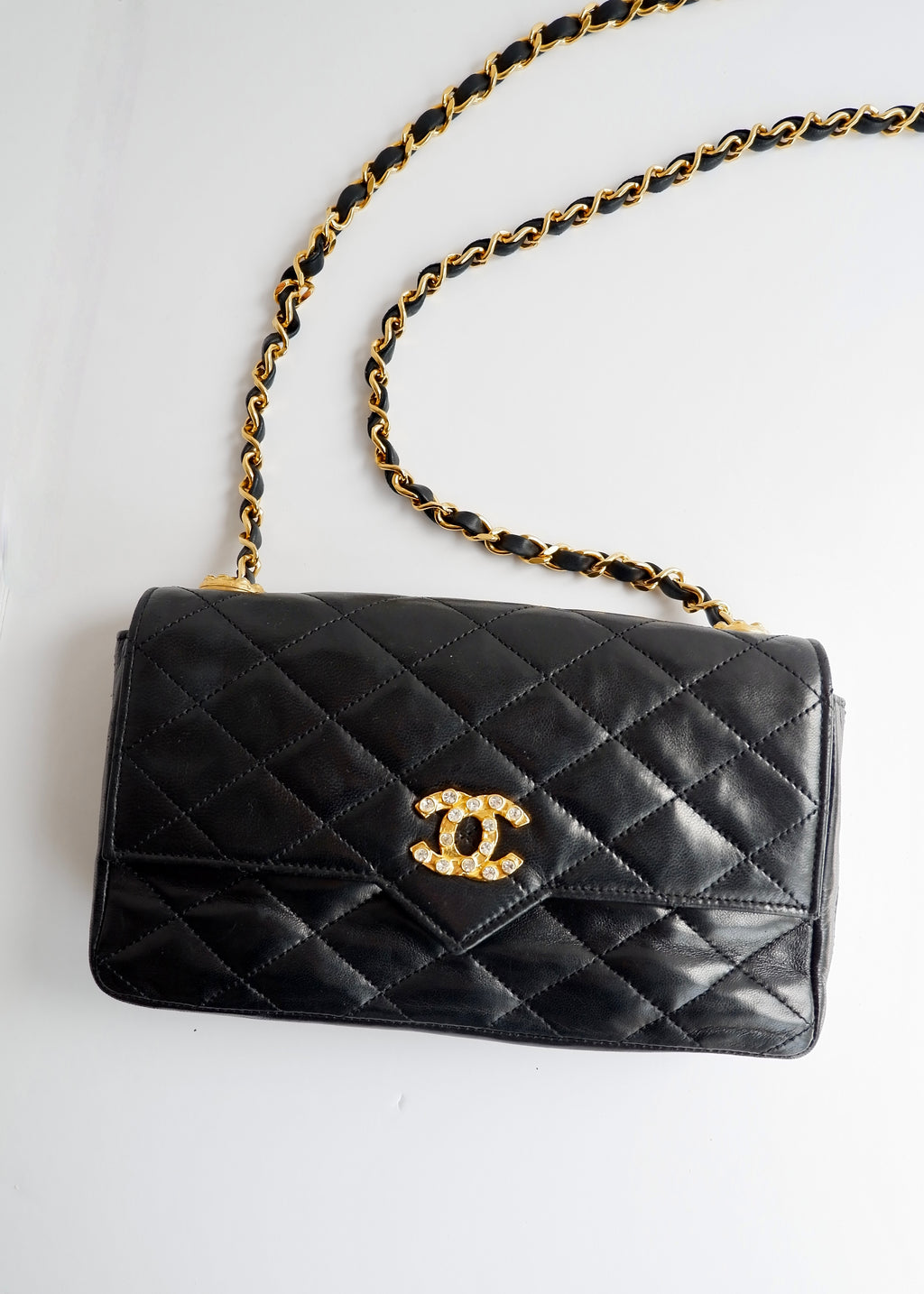Authentic Preowned Vintage Chanel Black Lambskin Quilted Single Flap Crystal CC Logo Bag GHW