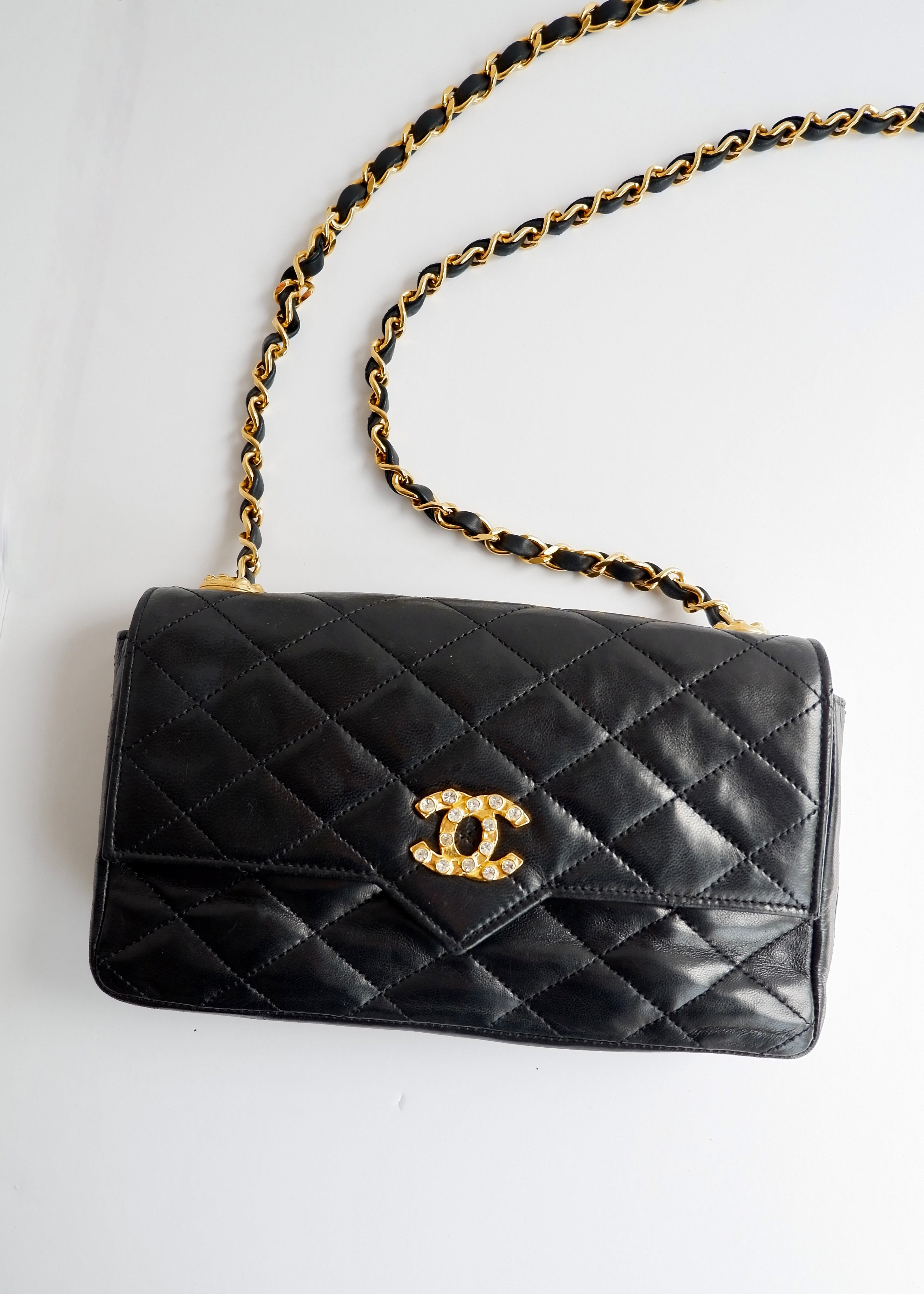 Authentic Preowned Vintage Chanel Black Lambskin Quilted Single Flap Crystal CC Logo Bag GHW