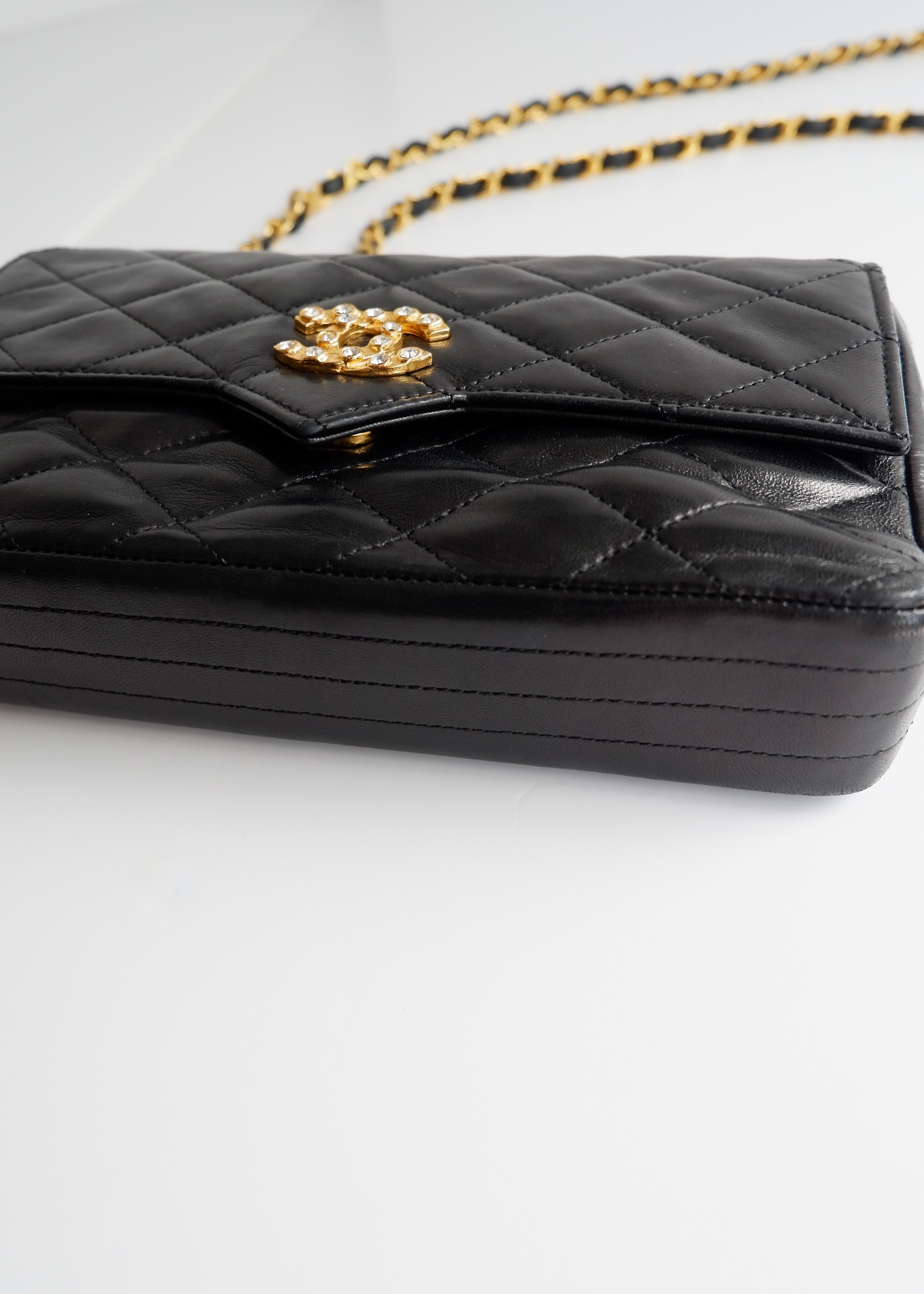 Authentic Preowned Vintage Chanel Black Lambskin Quilted Single Flap Crystal CC Logo Bag GHW