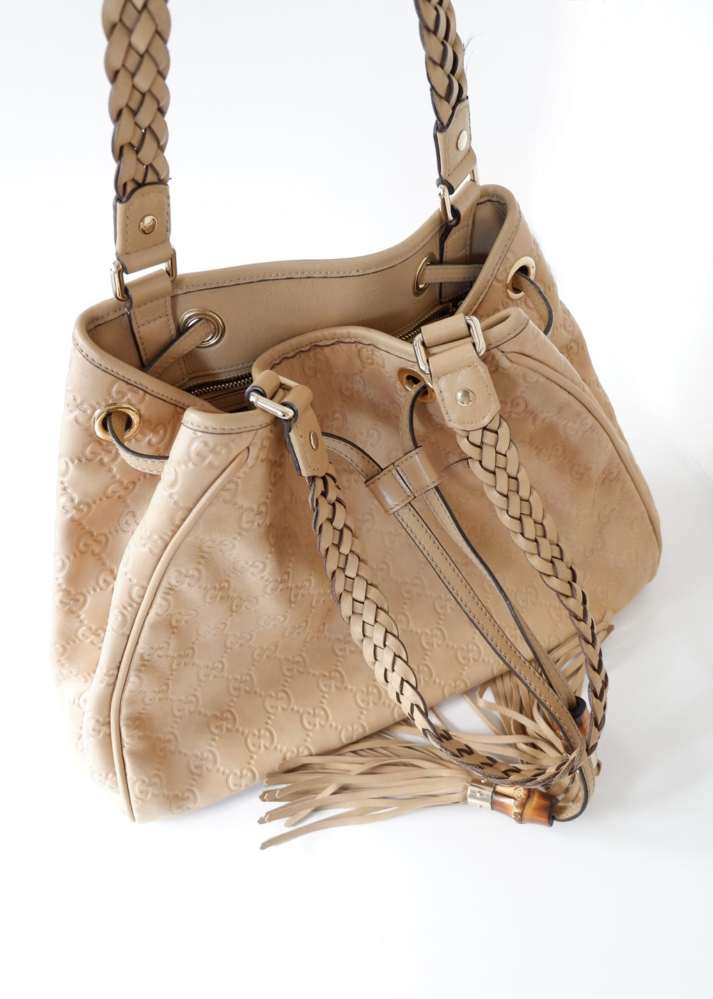 Authentic Preowned Gucci Beige Leagther Guccissima Peggy Tassel Shoulder Bag