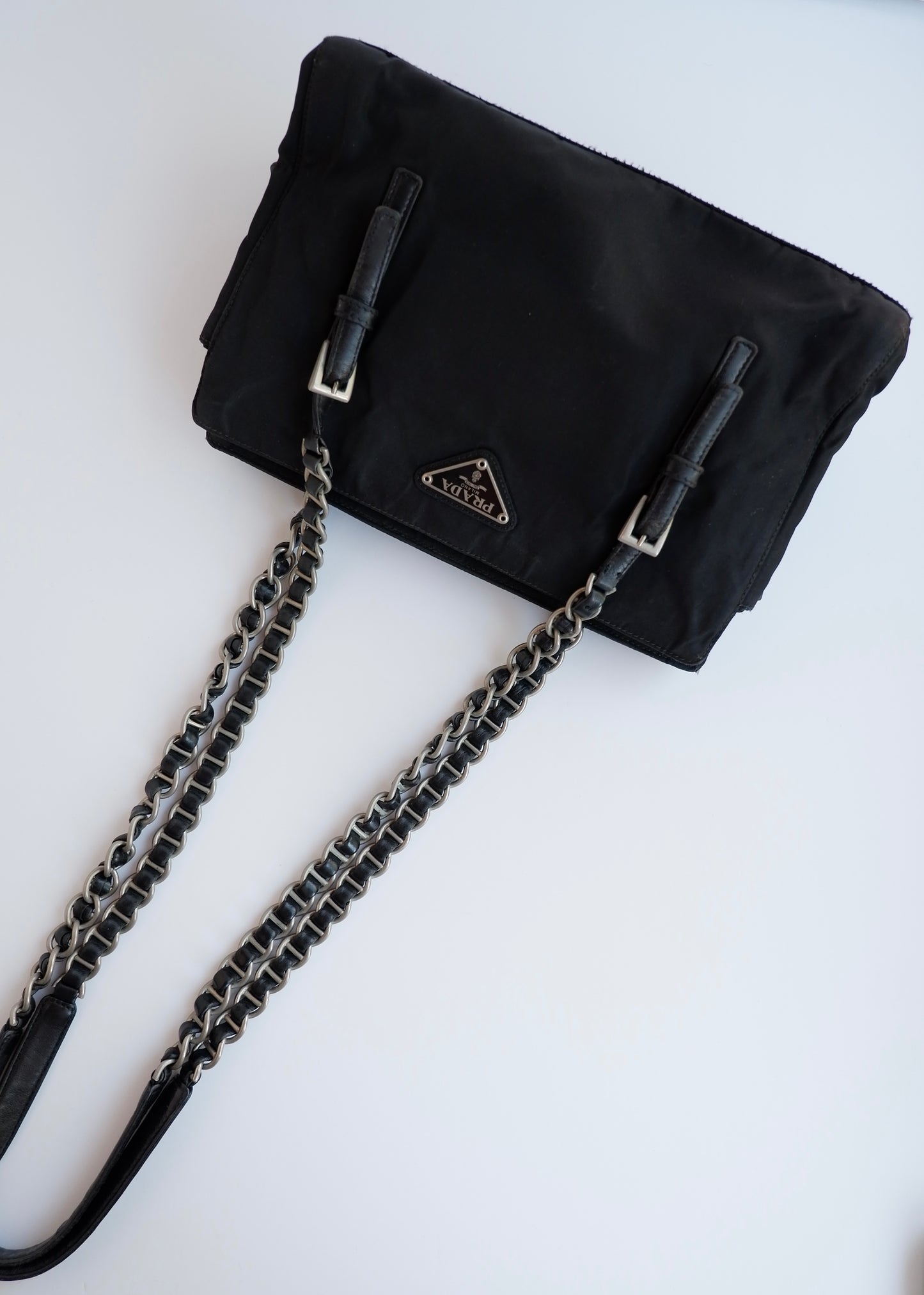 Authentic Preowned Prada Black Nylon/ Leather Metal Chain Shoulder Bag