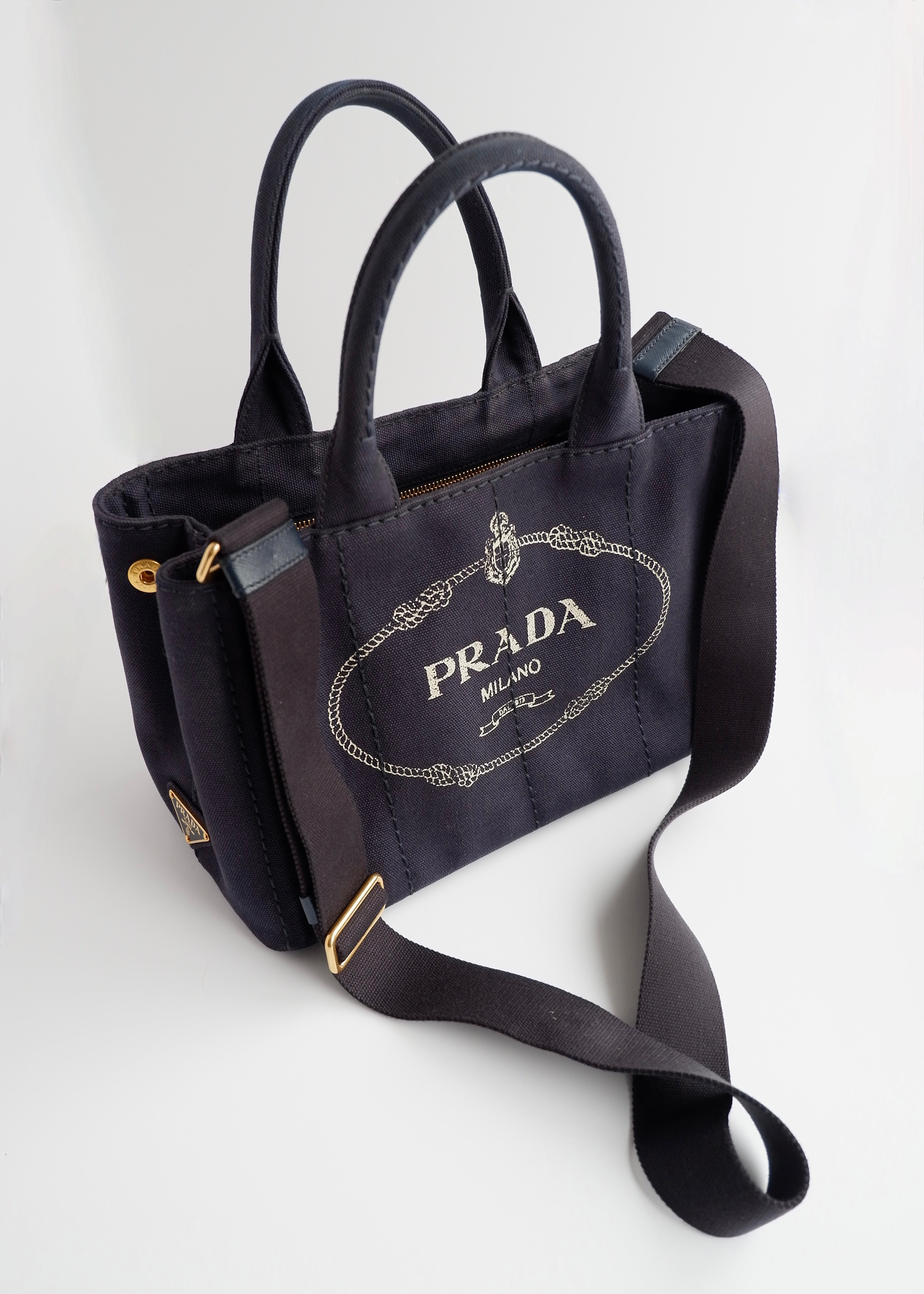 Authentic Preowned Prada Navy Canvas Canapa Two Way Bag