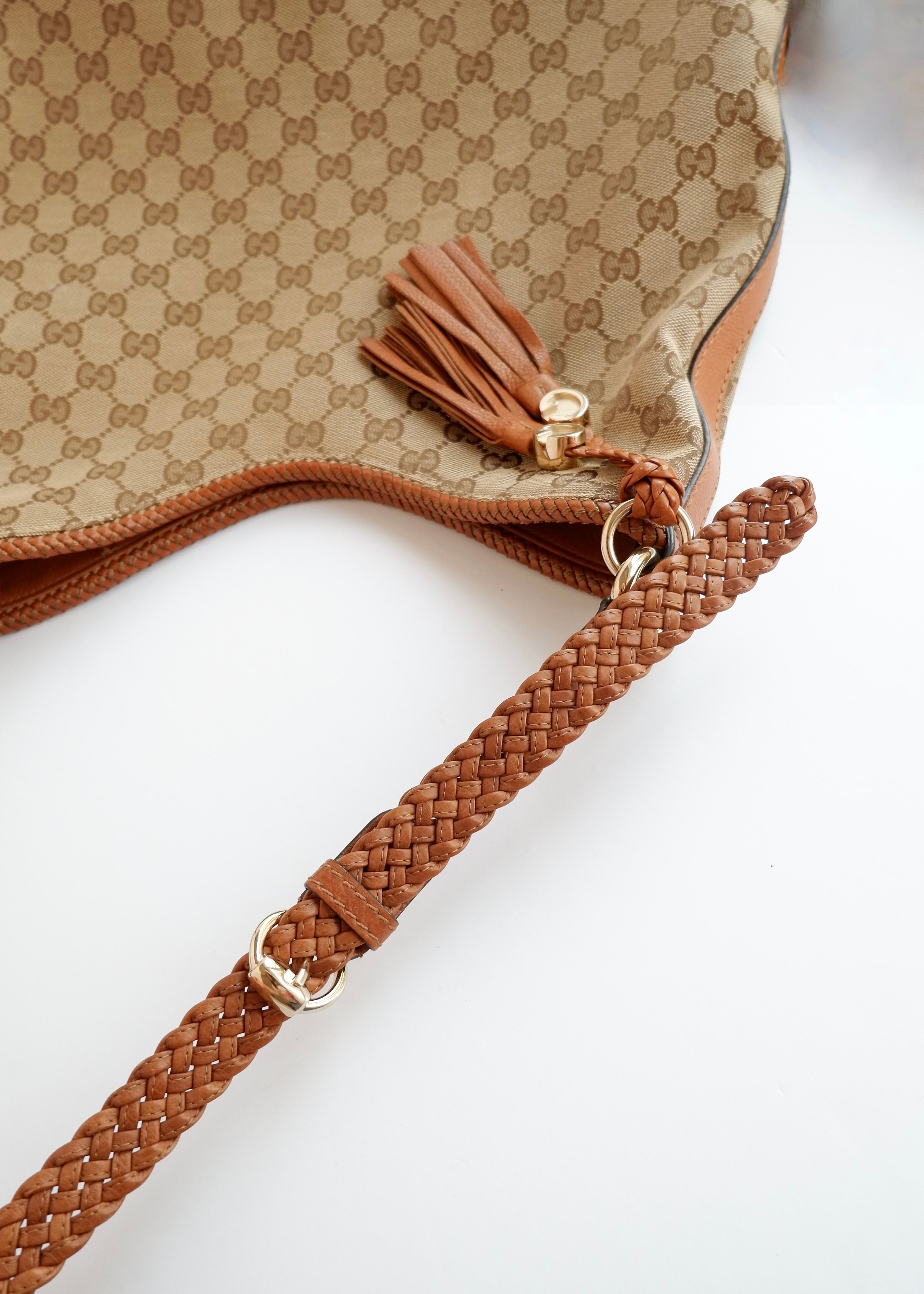 Preowned Gucci Brown GG Canvas Leather Tassel Shoulder Bag