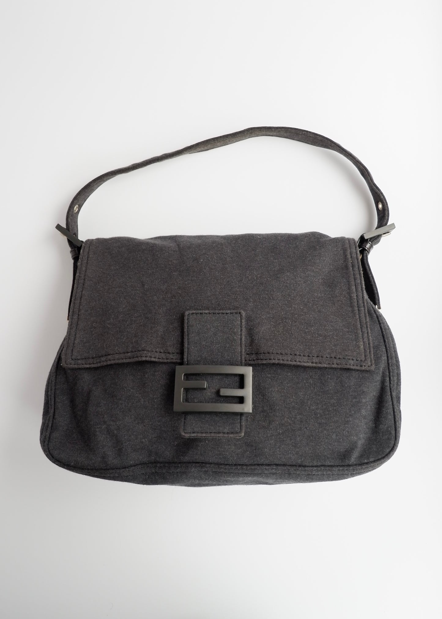 Authentic Preowned Fendi Dark Grey Cotton Mamma Baguette Shoulder Bag