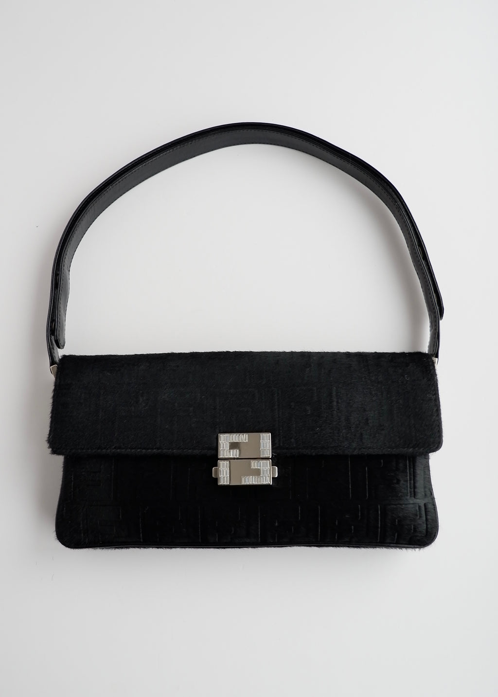 Authentic Preowned Rare Vintage Fendi Black Zucca Pony Hair/ Crystal Logo Shoulder Bag