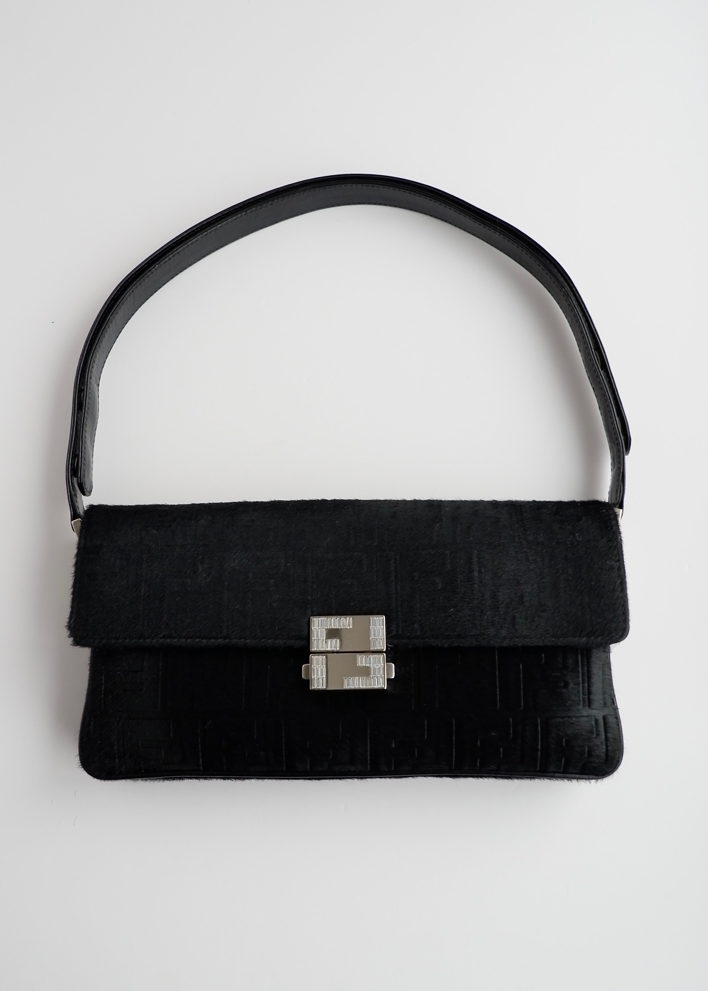 Authentic Preowned Rare Vintage Fendi Black Zucca Pony Hair/ Crystal Logo Shoulder Bag