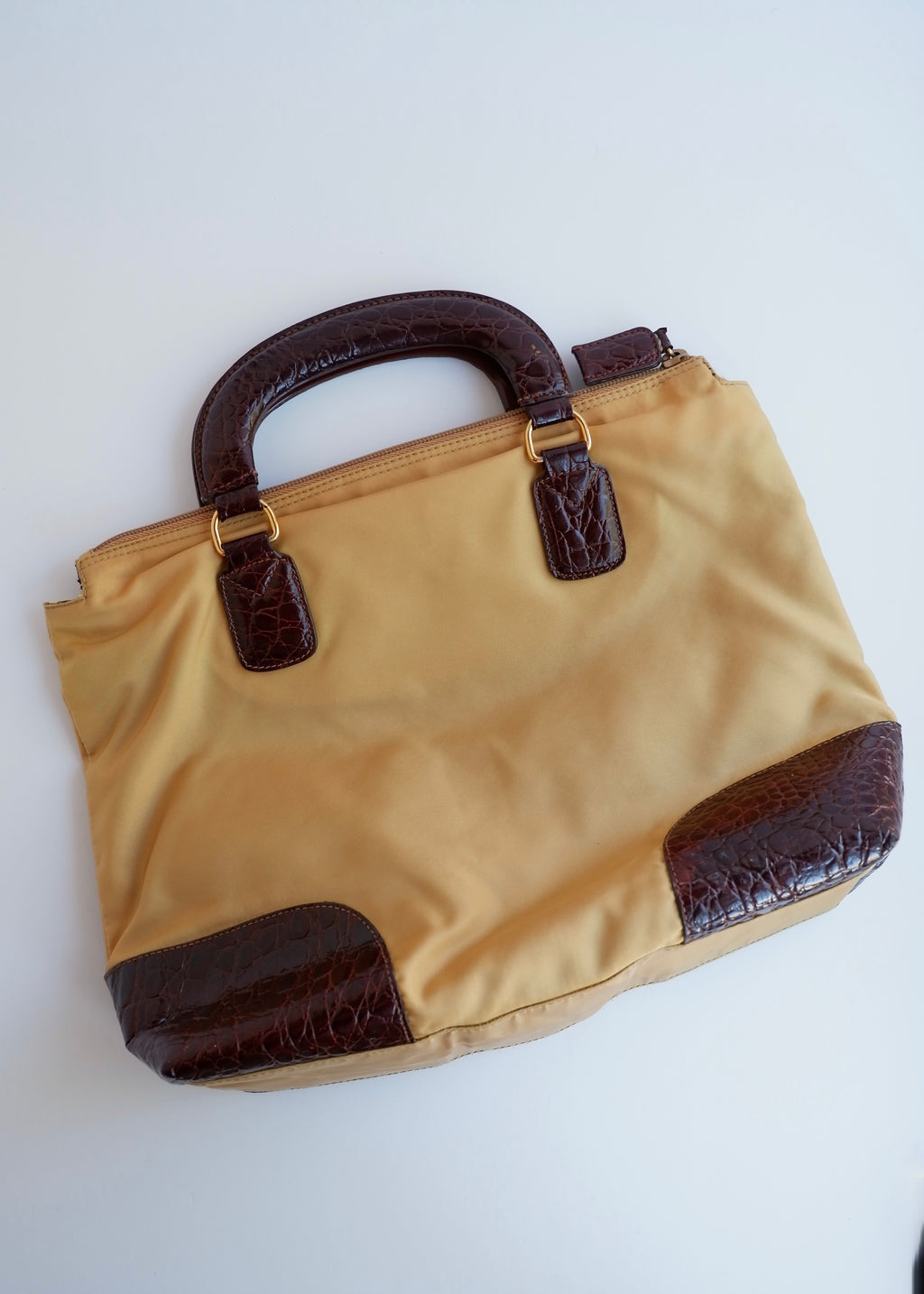 Authentic Preowned Vintage Prada Brown/Khaki Nylon/Patent Leather Handbag