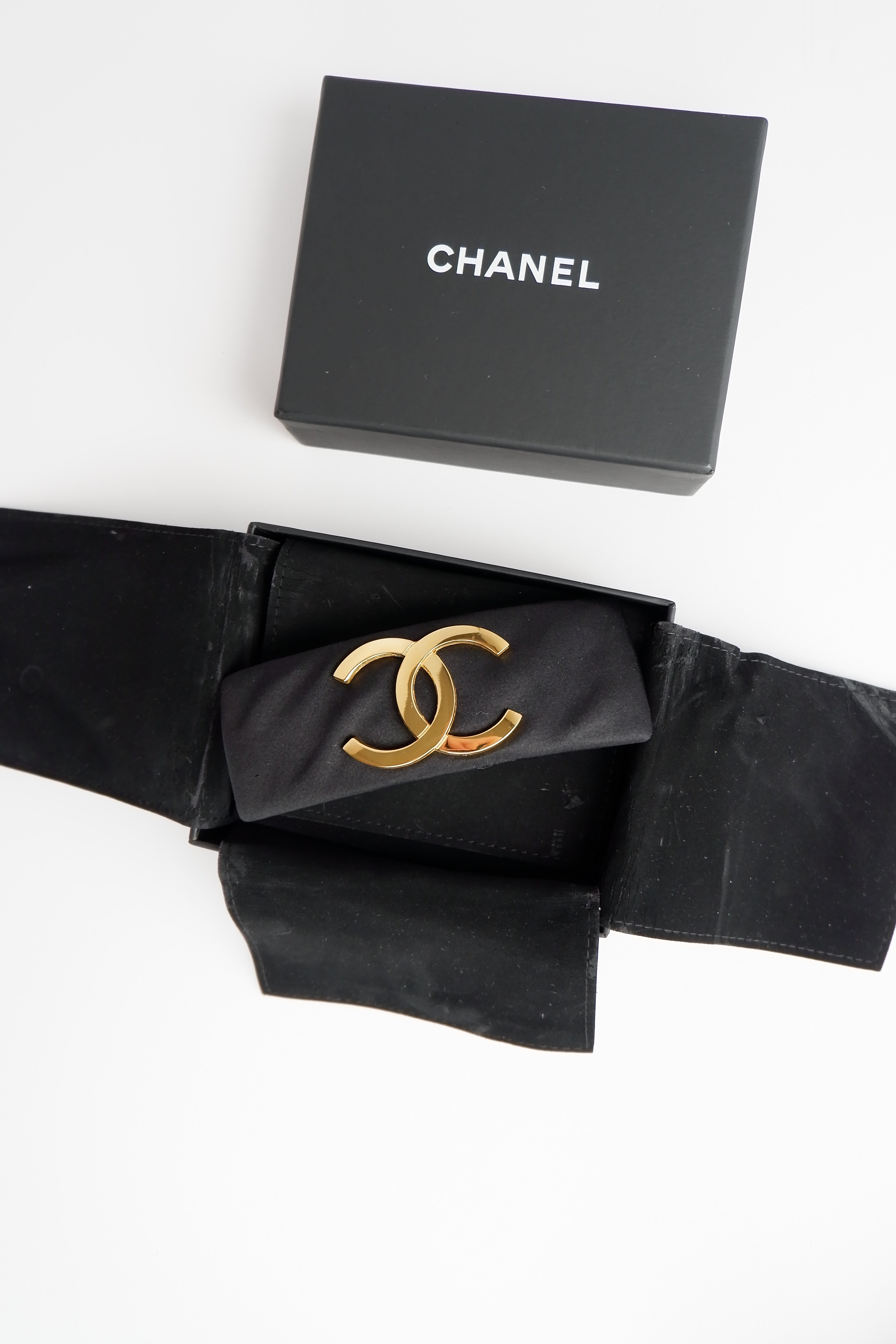Authentic Preowned Chanel Black Satin Gold CC Logo Hair Beret