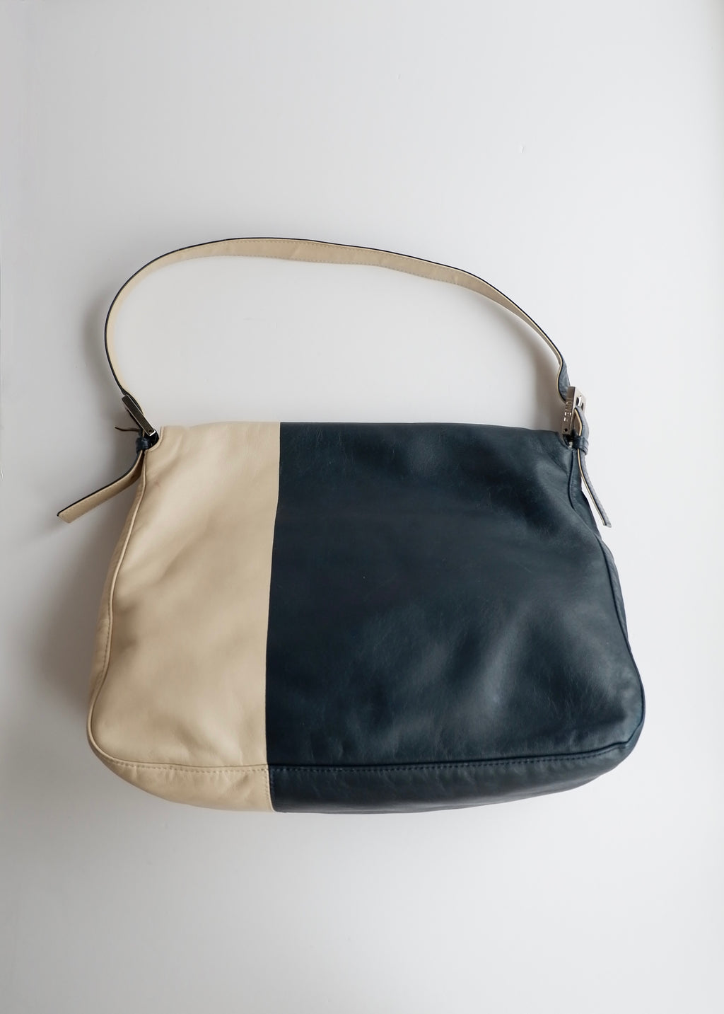 Preowned Fendi Blue/ Beige Leather Mamma Baguette Shoulder Bag