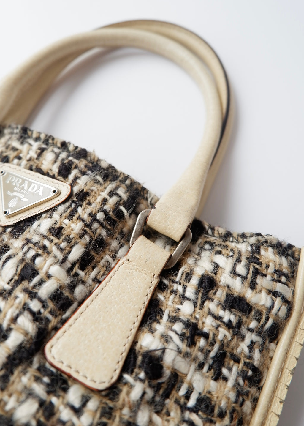 Preowned Prada Beige Tweed/ Leather Top Handle Bag