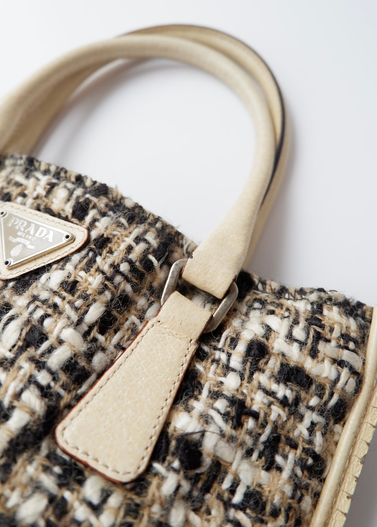 Preowned Prada Beige Tweed/ Leather Top Handle Bag