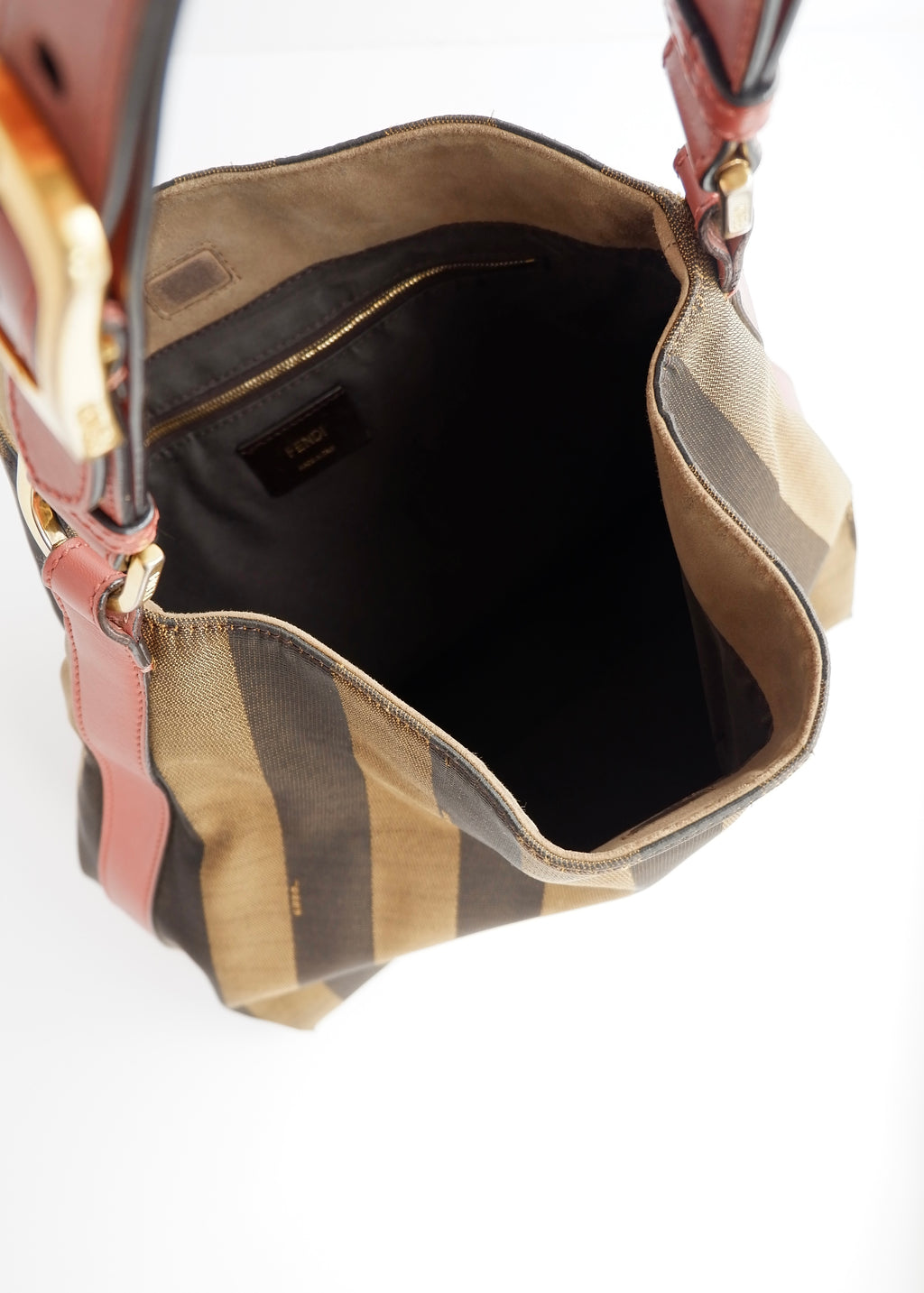 Authentique sac porté épaule Fendi d'occasion en toile/cuir Pequin marron/rose