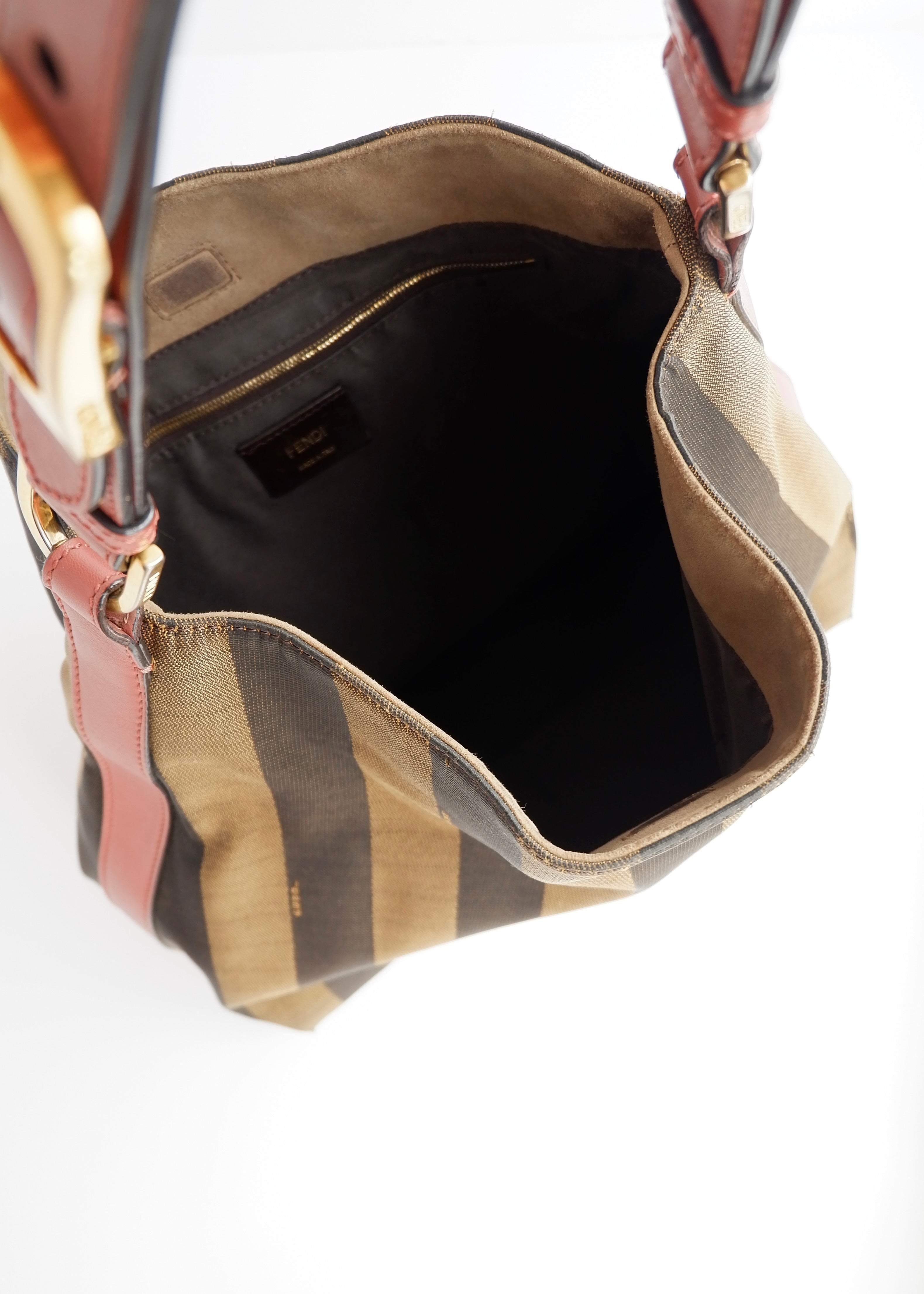 Authentique sac porté épaule Fendi d'occasion en toile/cuir Pequin marron/rose