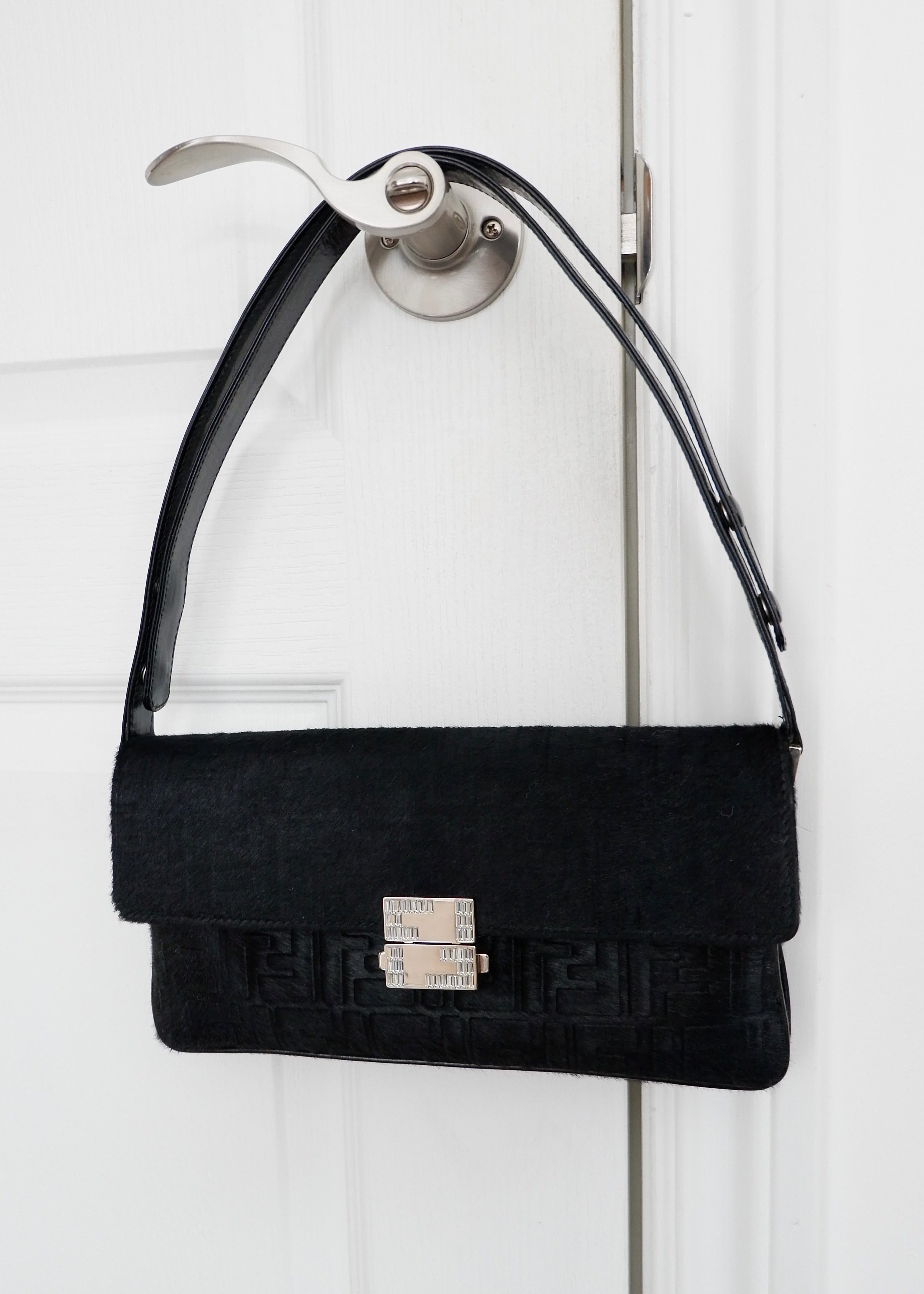Authentic Preowned Rare Vintage Fendi Black Zucca Pony Hair/ Crystal Logo Shoulder Bag