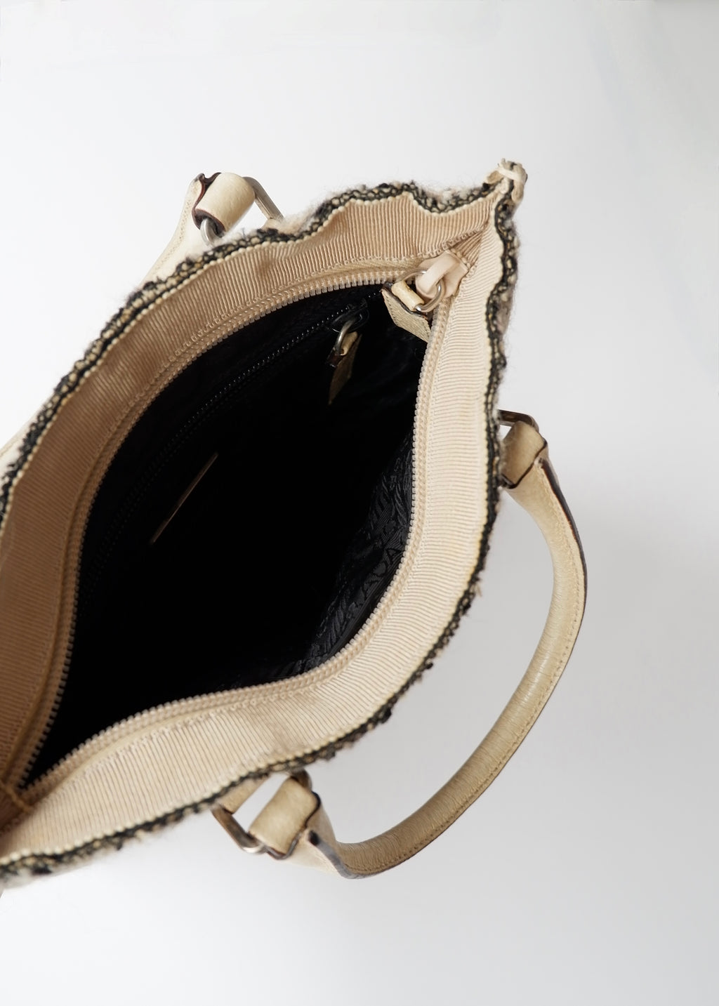 Preowned Prada Beige Tweed/ Leather Top Handle Bag