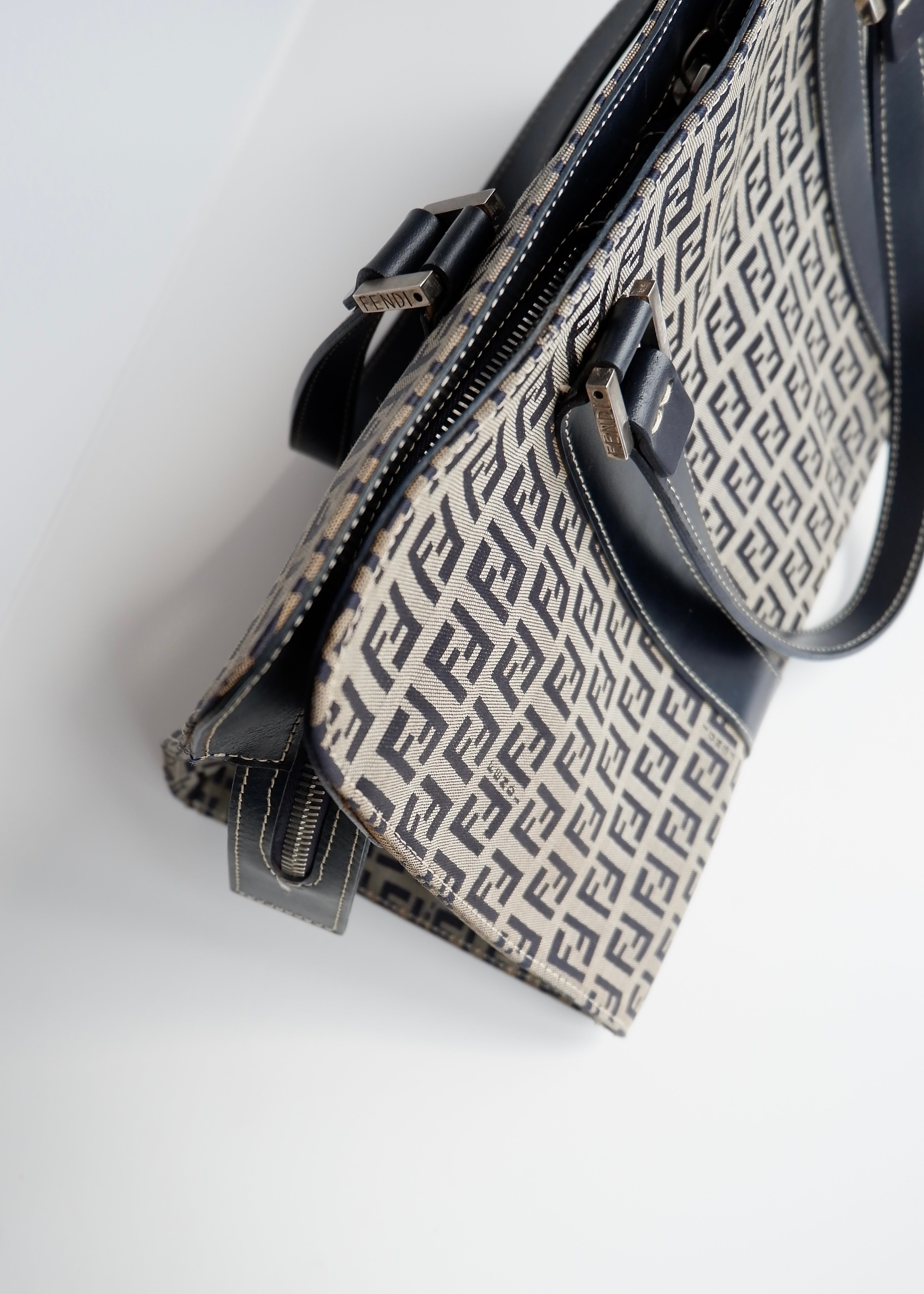 Authentic Preowned Vintage Fendi Navy Zucchino East West Shoulder Bag