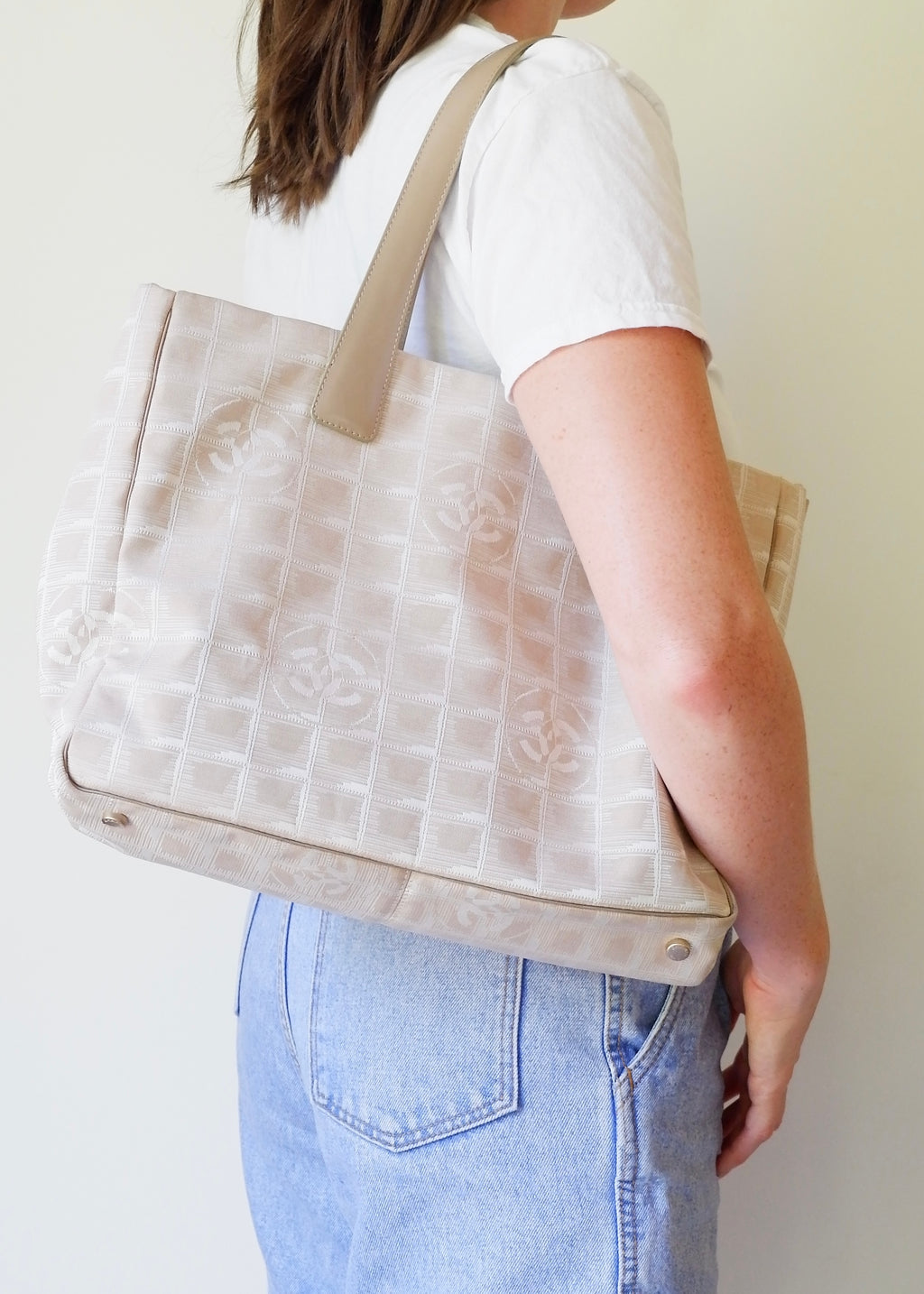 Authentic Preowned Chanel Beige Canvas/ Leather Travel Line Tote Bag