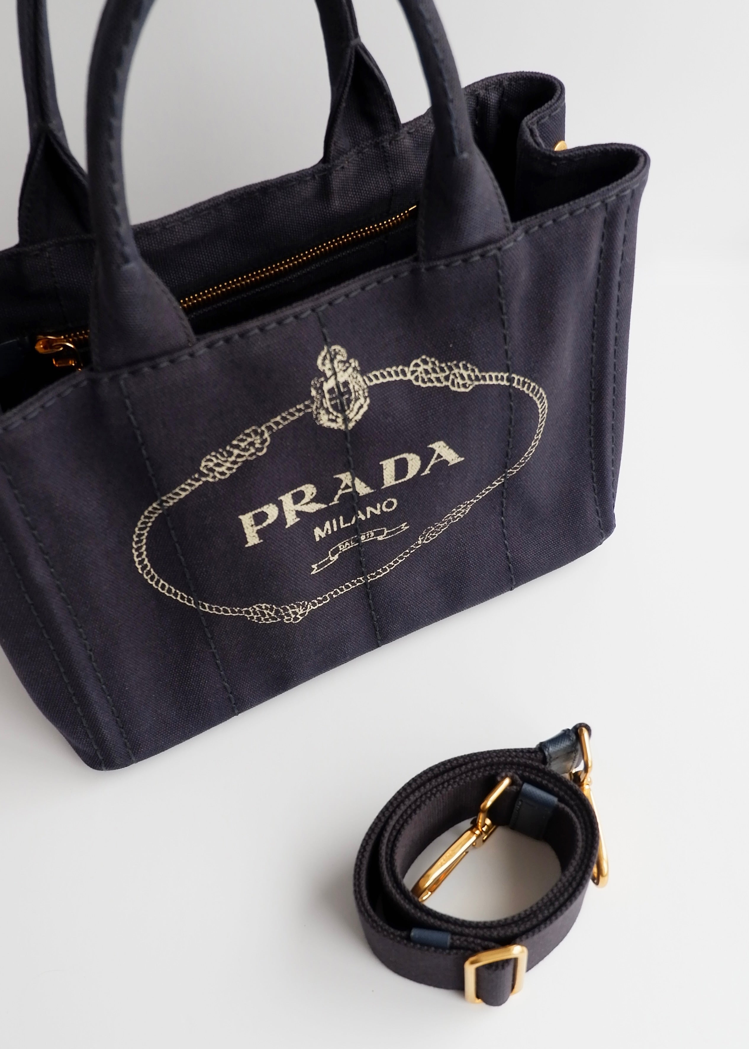 Authentic Preowned Prada Navy Canvas Canapa Two Way Bag