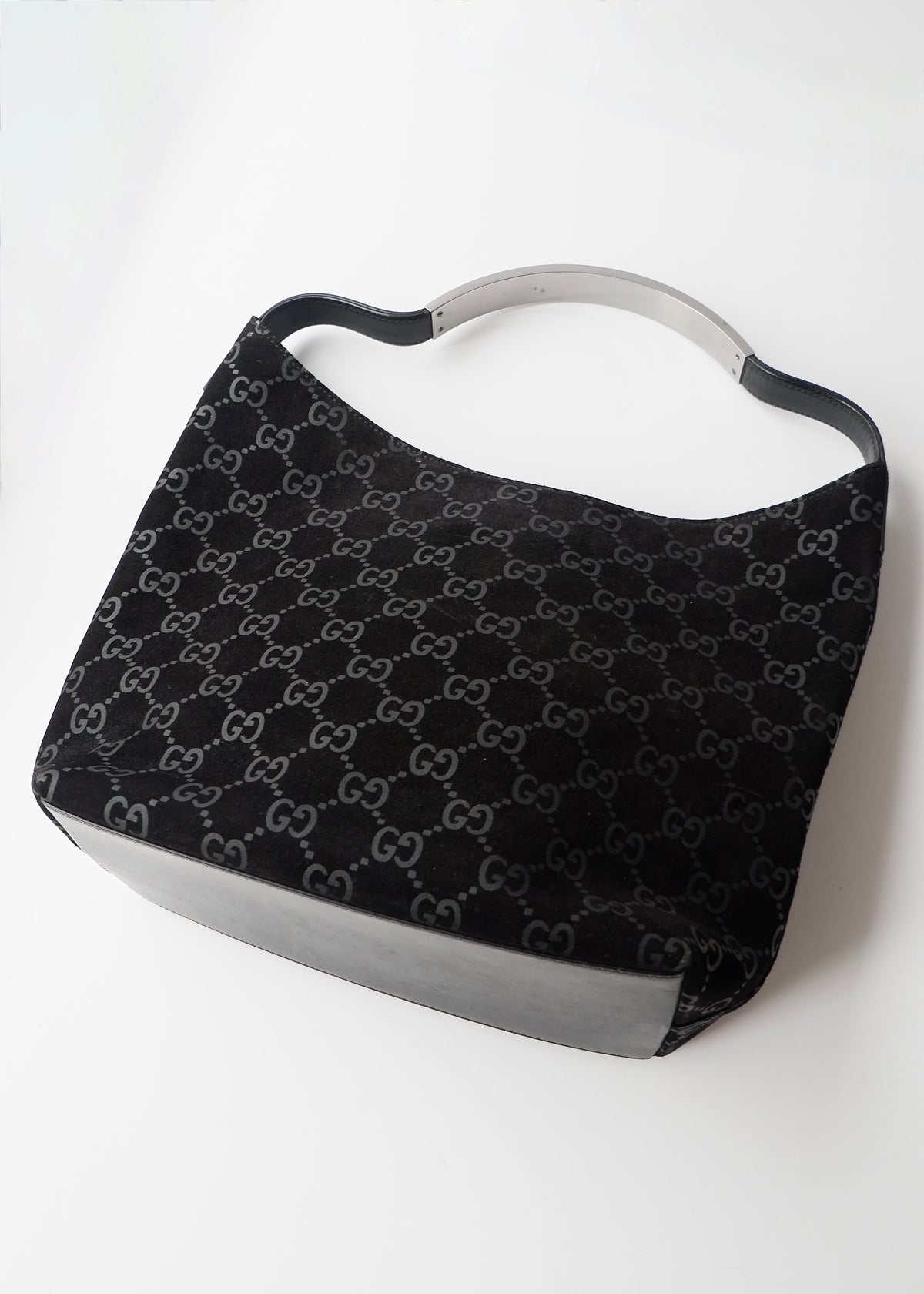 Preowned Gucci Black Suede GG Shoulder Bag