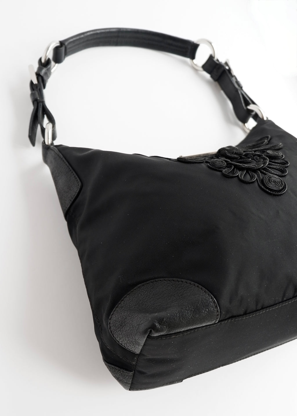 Authentic Preowned Prada Black Nylon Embroidered Hobo Shoulder Bag
