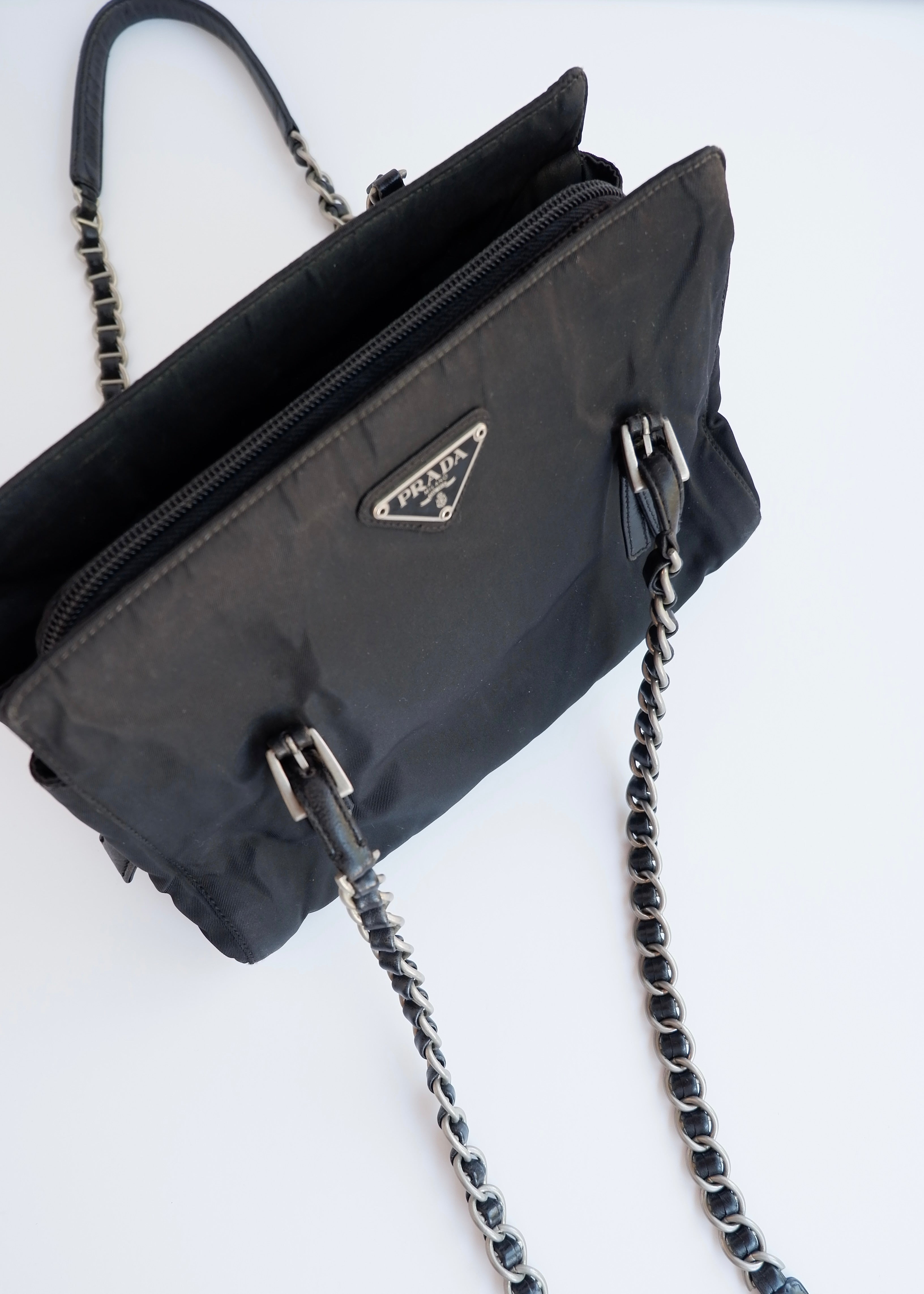 Authentic Preowned Prada Black Nylon/ Leather Metal Chain Shoulder Bag