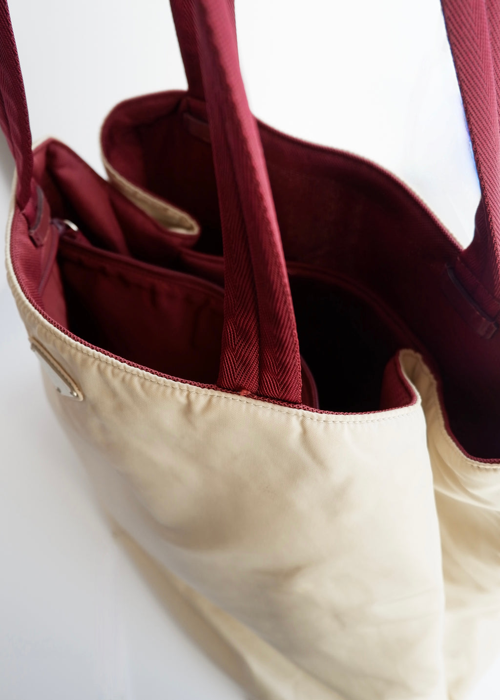 Authentic Preowned Prada Beige/ Burgundy Nylon Oversized Tote Bag