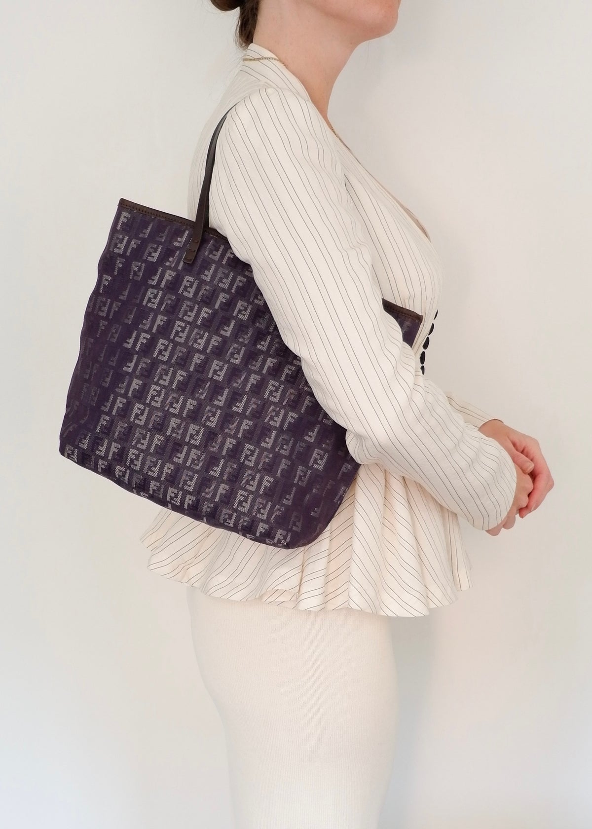 Preowned Fendi Navy Zucchino Denim/Leather Shoulder Tote