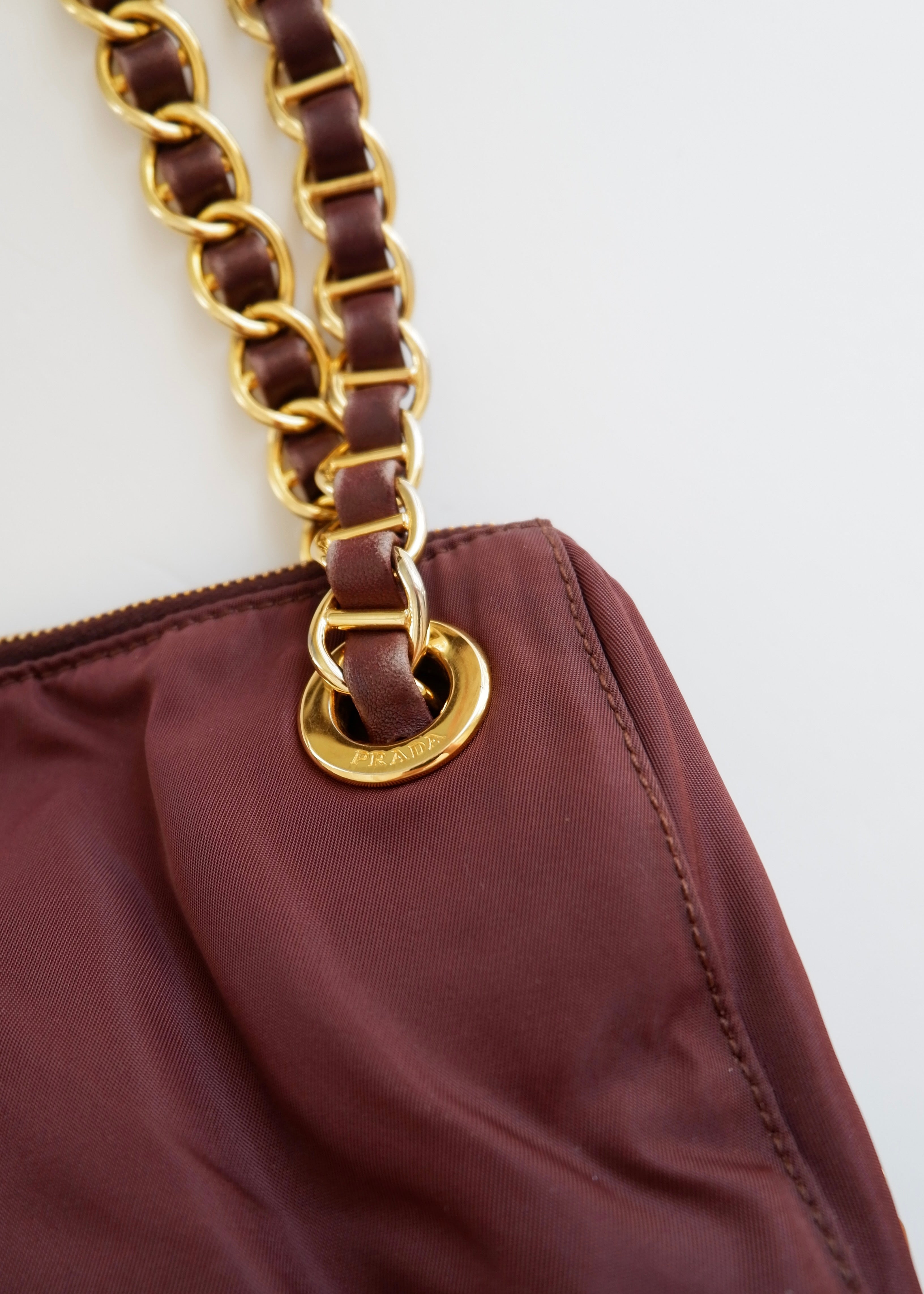 Preowned Prada Burgundy Nylon Chain Shoulder Tote